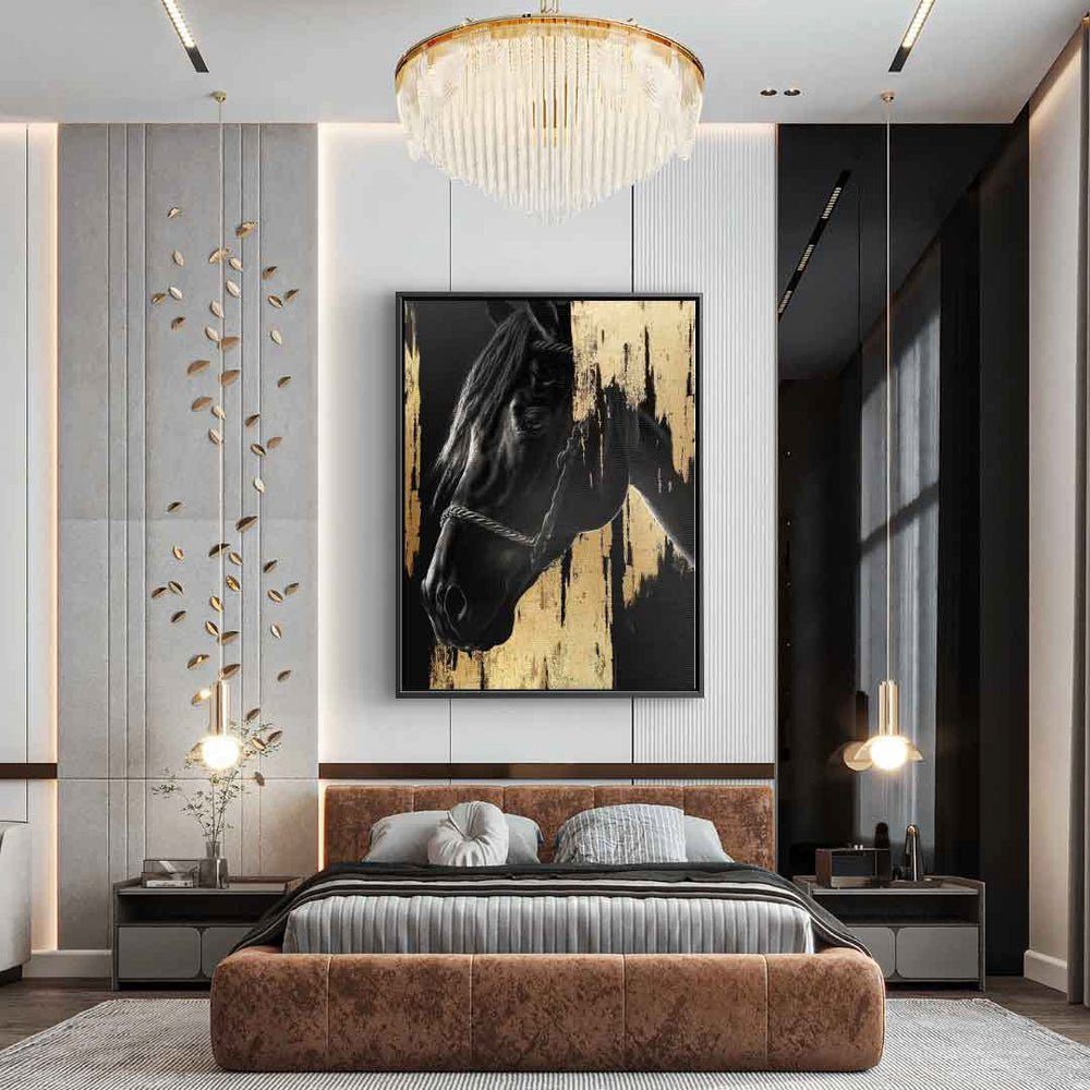 Pferd Ra premium Horse mit Tier Luxury schwarz DOTCOMCANVAS® Rahmen gold ohne Leinwandbild, Leinwandbild luxus