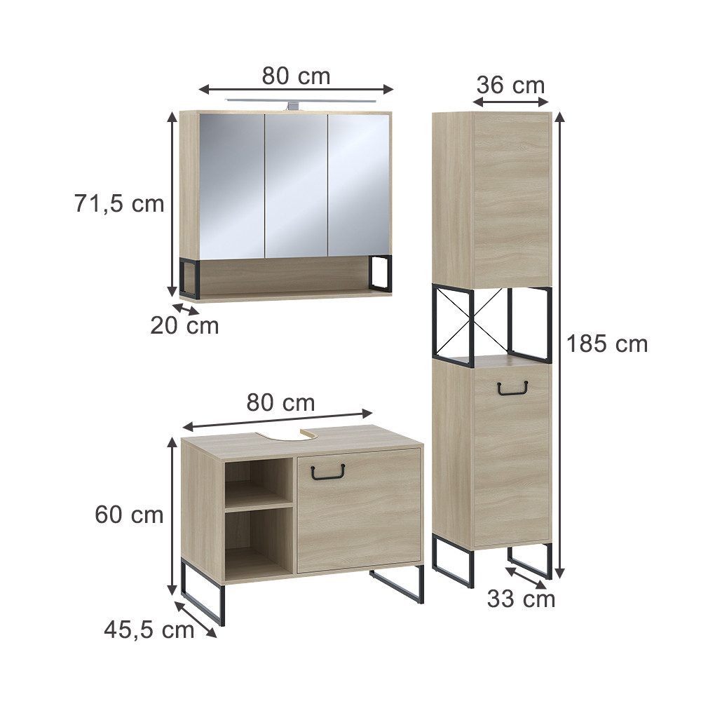 Vicco Badmöbel-Set Vionna, Eiche/Schwarz, 3 Teile, günstig online kaufen
