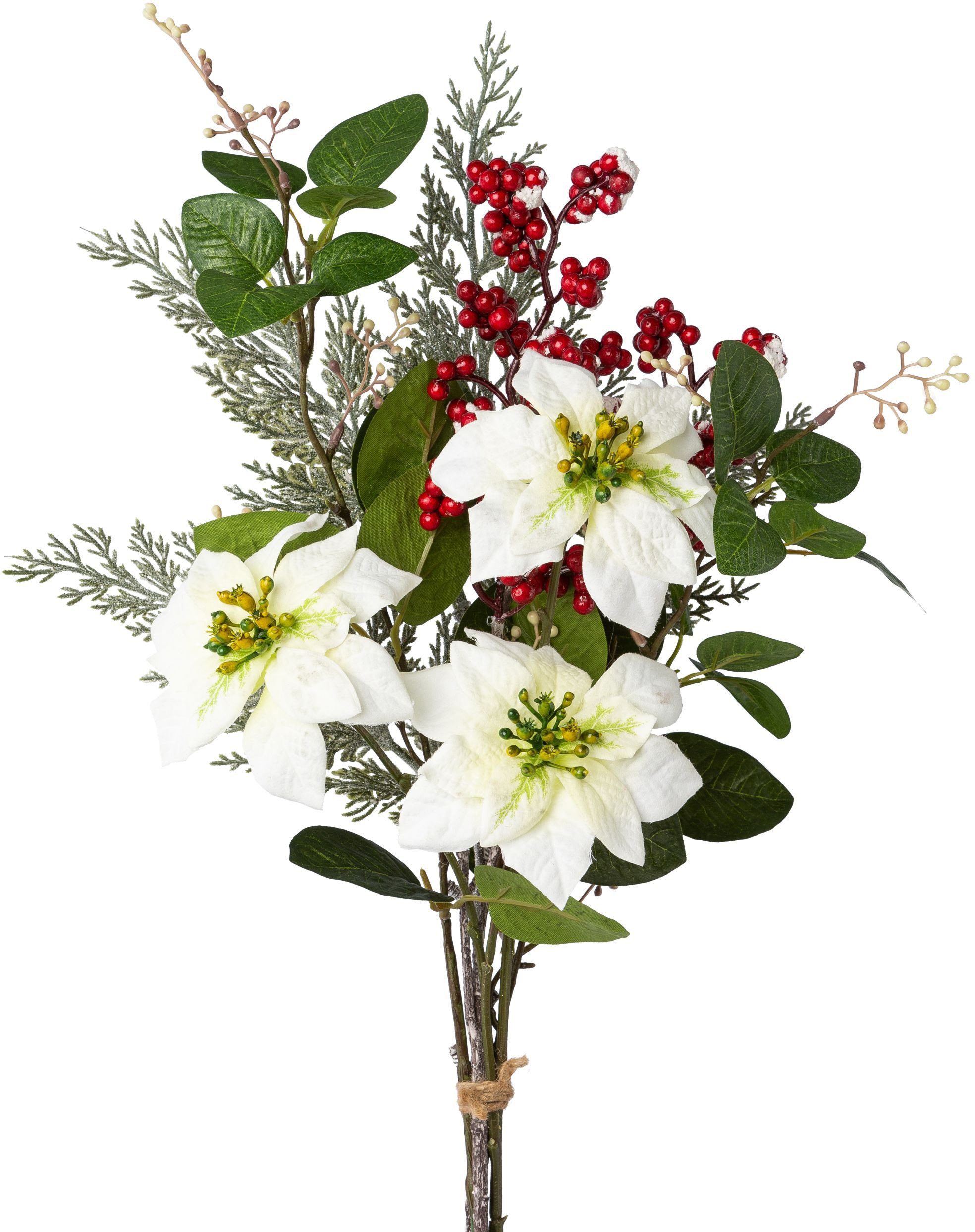 Winterliche Kunstpflanze Zweigen 56 cm, mit Weihnachtsstern, Poinsettia-Mixbouquet und Creativ Weihnachtsdeko Höhe green, Beeren