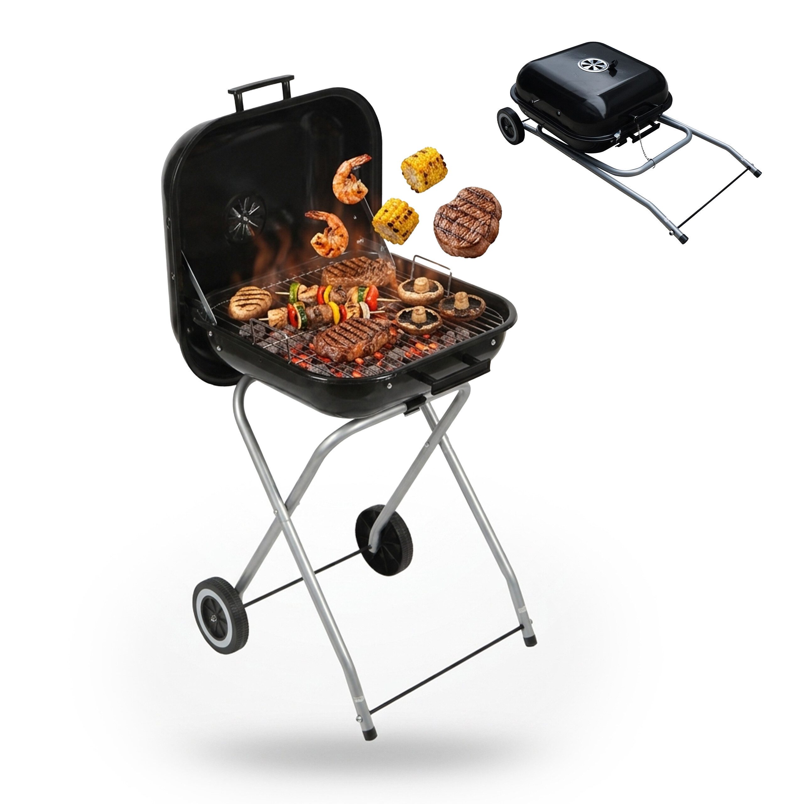 relaxdays Holzkohlegrill mit Deckel & Rolle