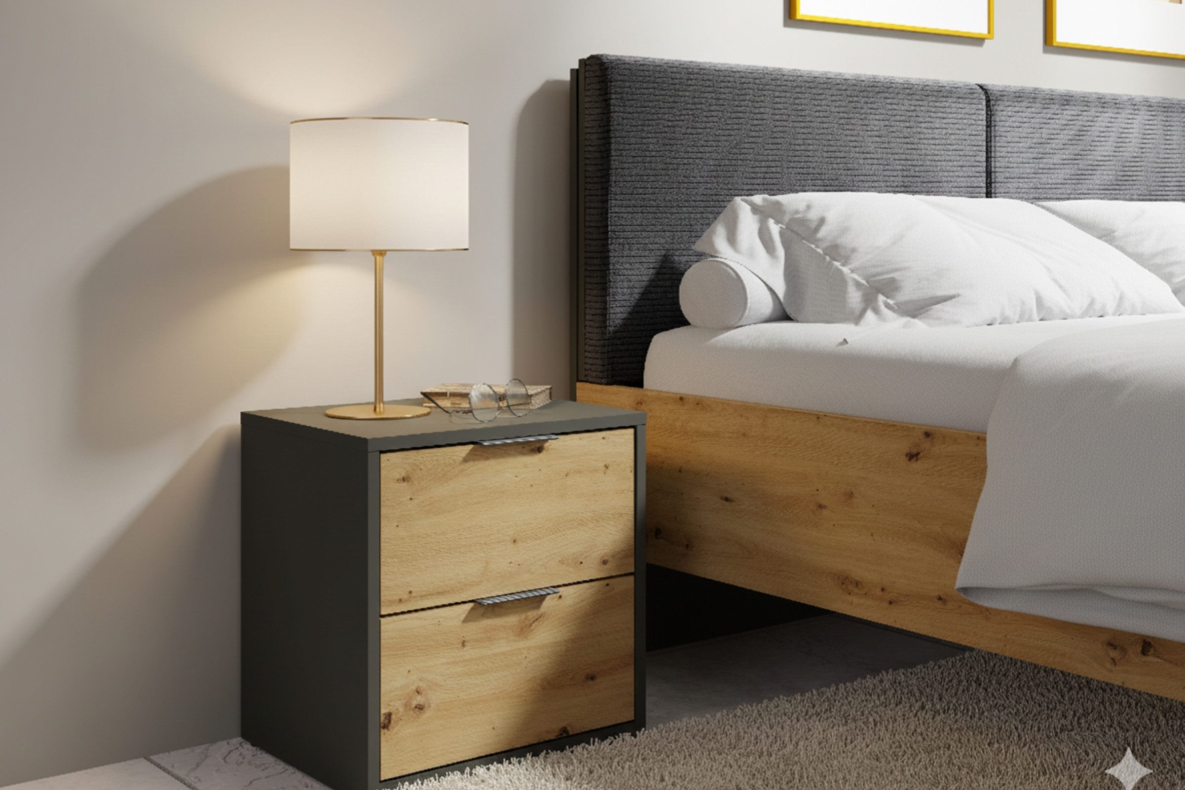 Deine Möbel 24 Bettgestell RON Doppelbett 160x200 / 180x200 cm, modernes Schlafzimmerbett (Set, 1-tlg., stabiles Bett für Schlafzimmer, Teil der RON Möbelserie), Bett mit gepolstertem Kopfteil, Bettgestell in Artisan Eiche / Grau