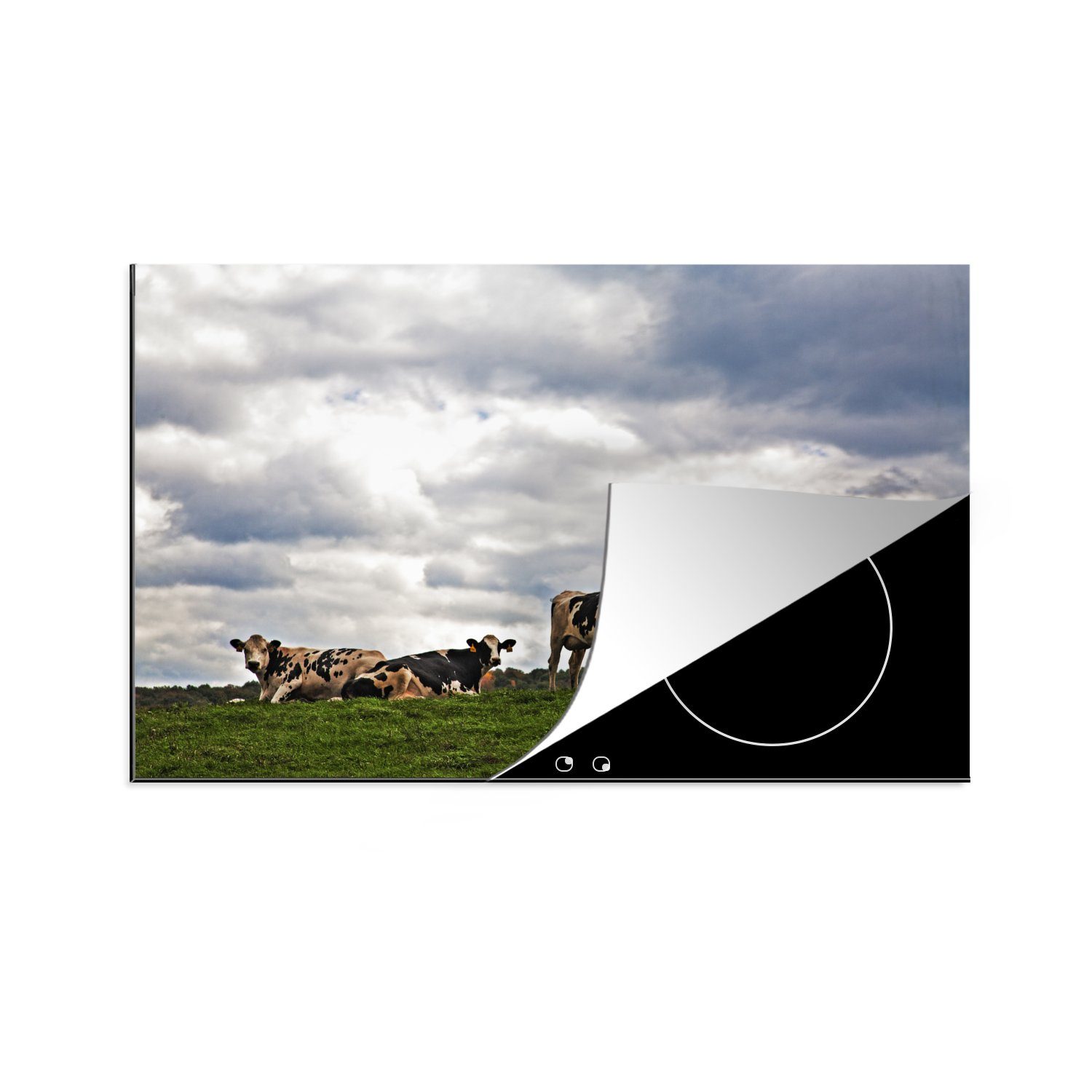 MuchoWow Herdblende-/Abdeckplatte Kühe - Wiese - Wolken, Vinyl, (1 tlg), 81x52 cm, Induktionskochfeld Schutz für die küche, Ceranfeldabdeckung