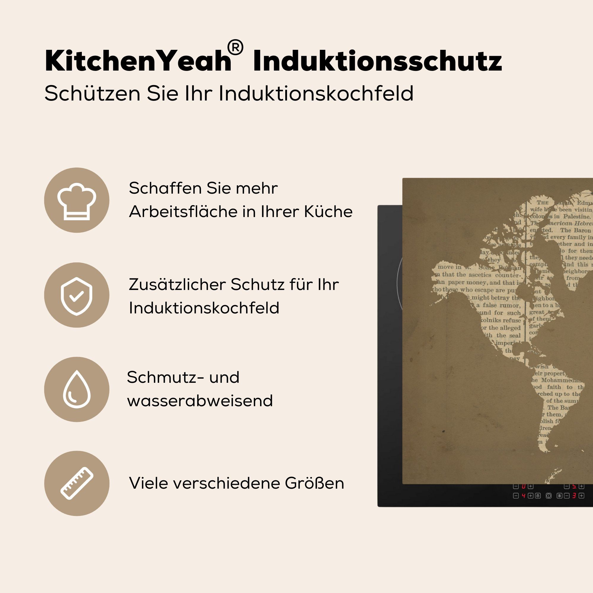 MuchoWow Herdblende-/Abdeckplatte Weltkarte - Buch küche, Vinyl, Ceranfeldabdeckung (1 tlg), Schutz Induktionskochfeld für - die cm, 81x52 Braun