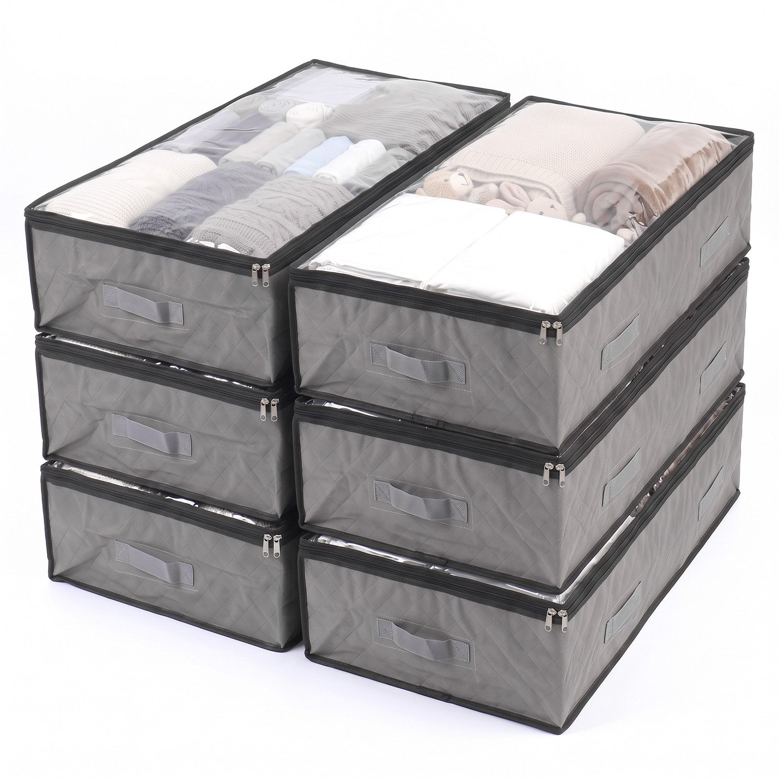 Sekey Unterbettkommode Unterbett Aufbewahrung Aufbewahrungstasche 110L mit Deckel, faltbar (6 St), Für Kleidung, Bettwäsche Decken transparent mit Doppelreißverschluss