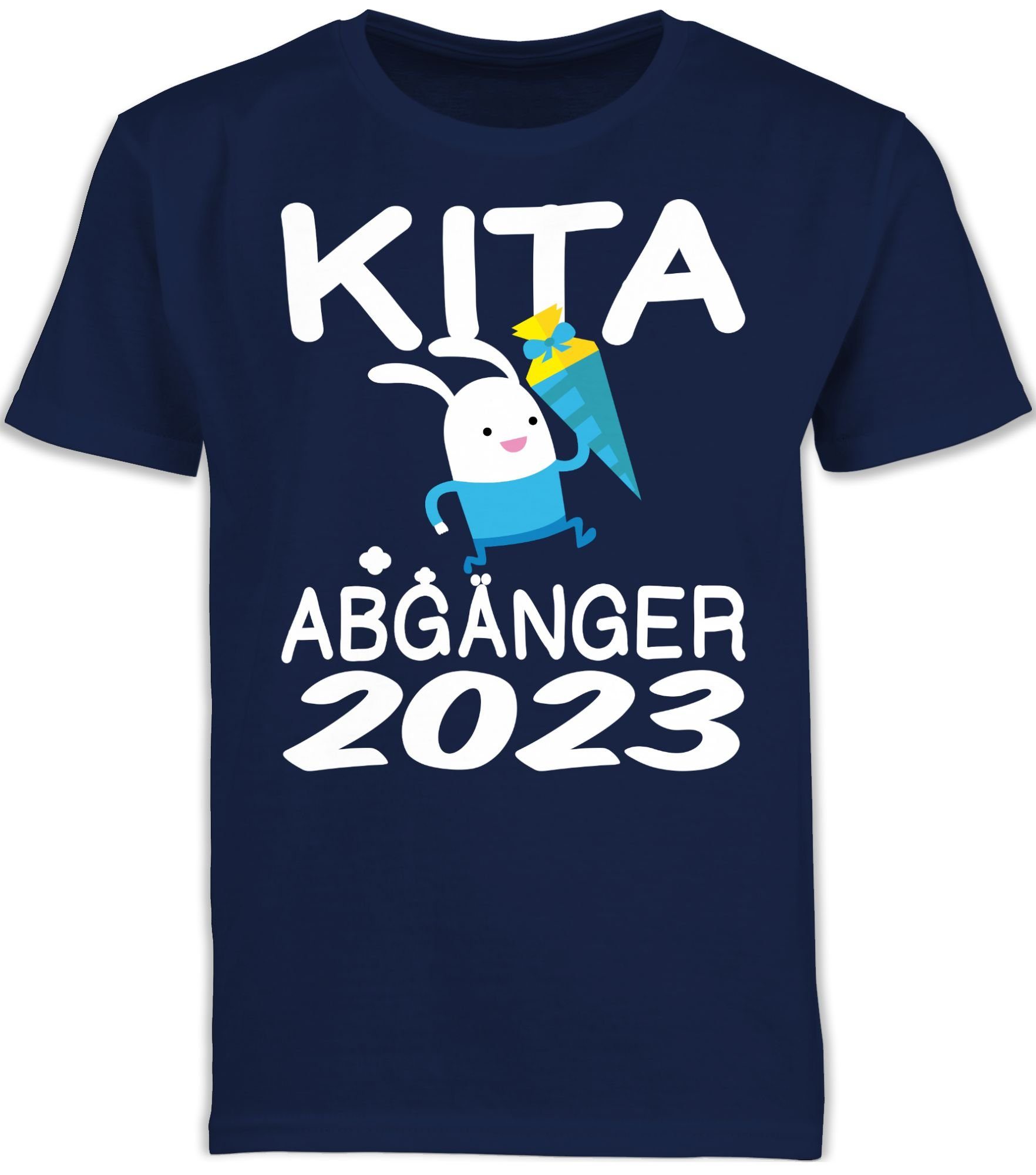 Kita 2023 Einschulung Hase Blau T-Shirt mit Geschenke Navy Abgänger rennender Schultüte Junge Schulanfang 1 Shirtracer