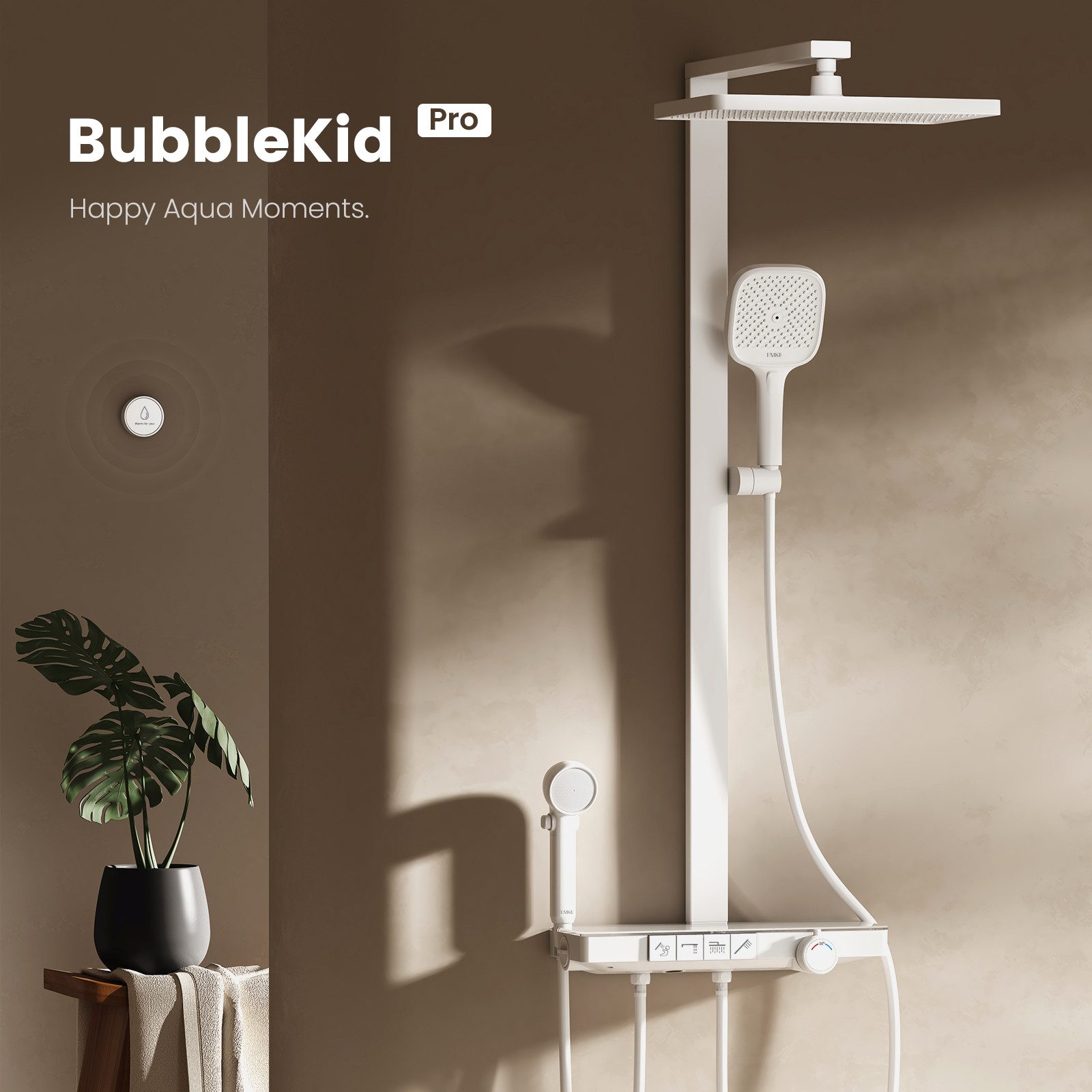 EMKE Duschsystem Brausegarnitur mit Thermostat Bluetooth-Steuerung Entwässerung, Höhe 113 cm, 4 Strahlart(en), Regendusche,Kinderdusche,Bluetooth,Weiß