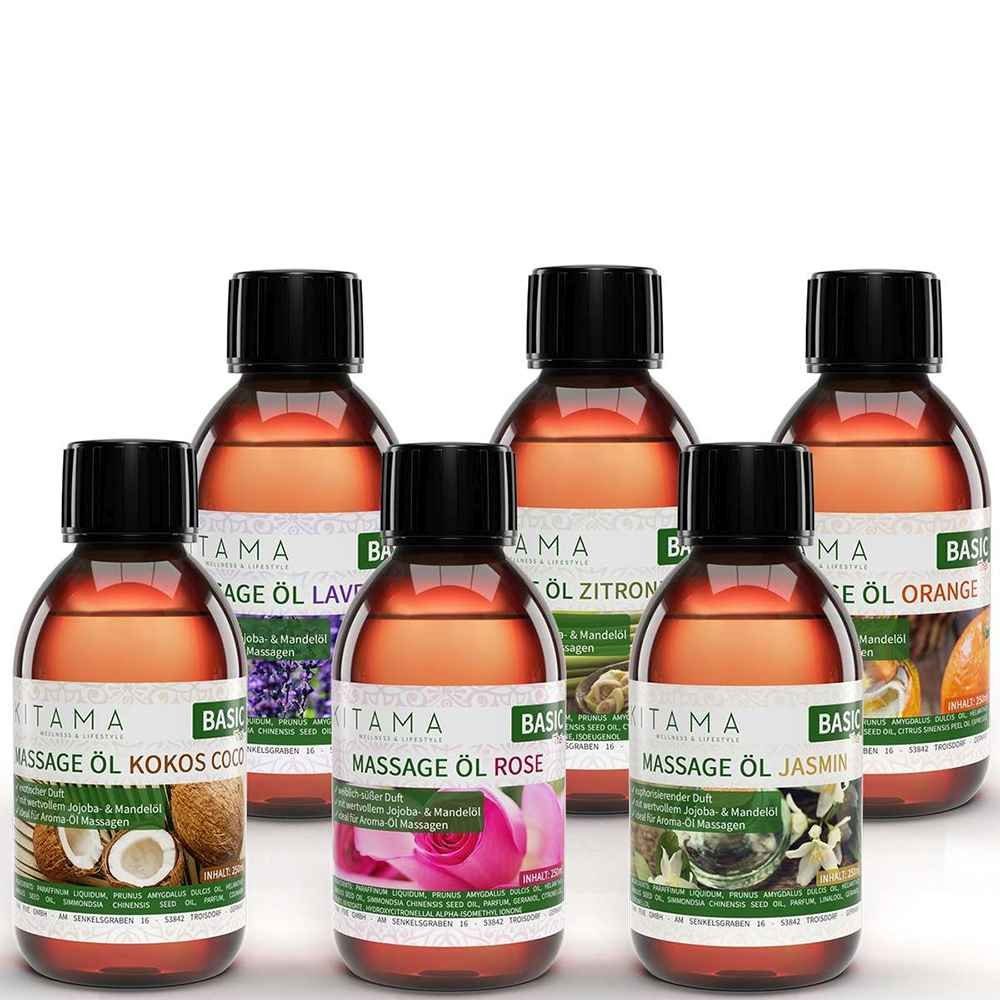 Kitama Massageöl mit Aroma Set, 6 Düfte: Jasmin Rose Orange Lavendel Kokos Zitronengras 6 x 250ml