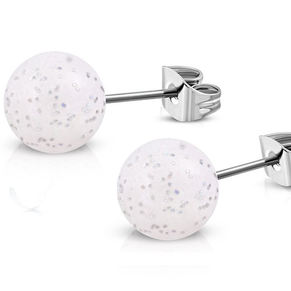 BUNGSA Ohrring-Set Ohrstecker Perle weiß Glitter 8mm Silber aus Edelstahl  Damen (1 Paar (2 Stück), 2-tlg), Ohrschmuck Ohrringe