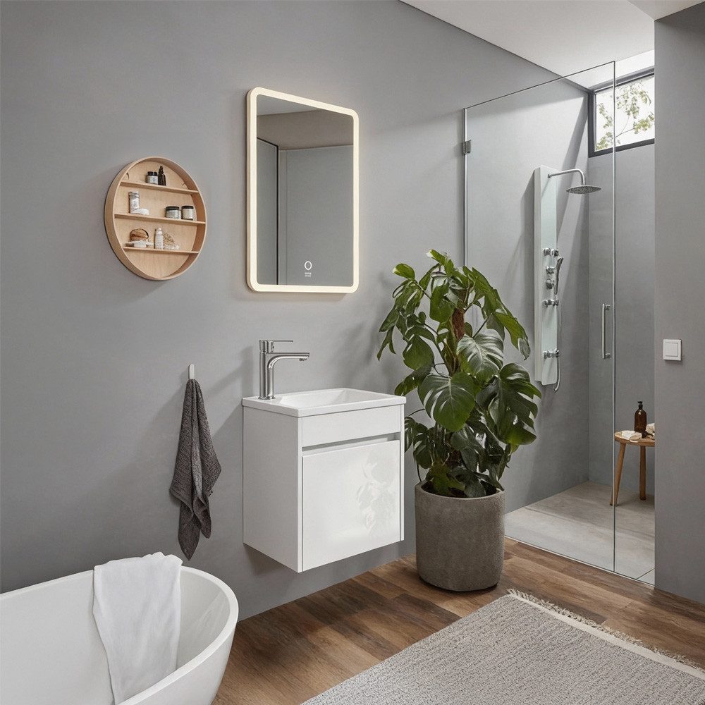 HOME DELUXE Badmöbel-Set BORKUM, (bestehend aus LED-Spiegel, Keramik-Waschbecken, Waschbeckenschrank), Hochglanz-Oberfläche, Soft-Close, Badezimmerset, Badmöbel