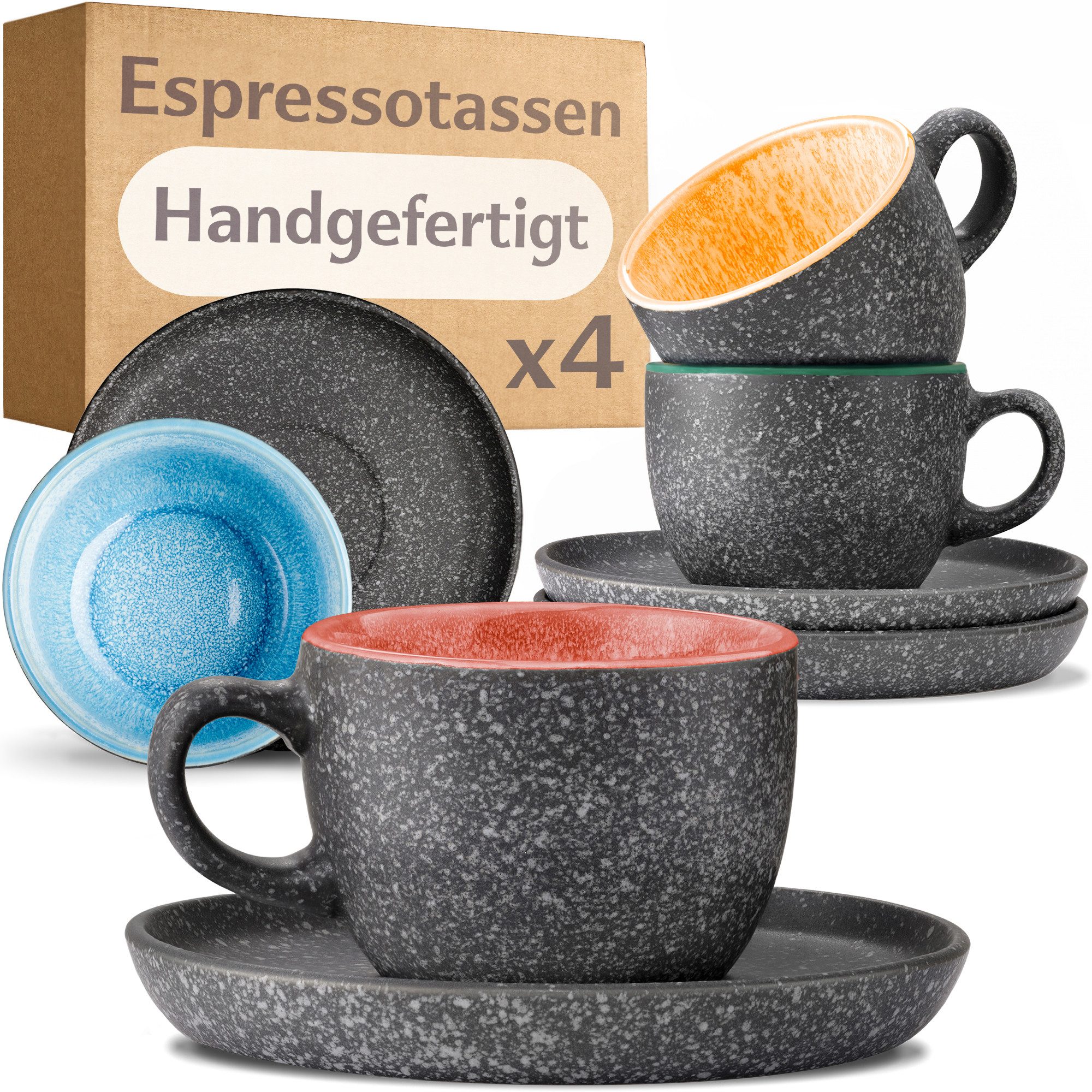 Cosumy Cappuccinotasse Espressotassen mit Untertassen 4er Set - 90 ml Keramik bunt, 8-tlg., Keramik, Steingut mit Handgefertigter Reaktiver Glasur - Hält Lange Warm