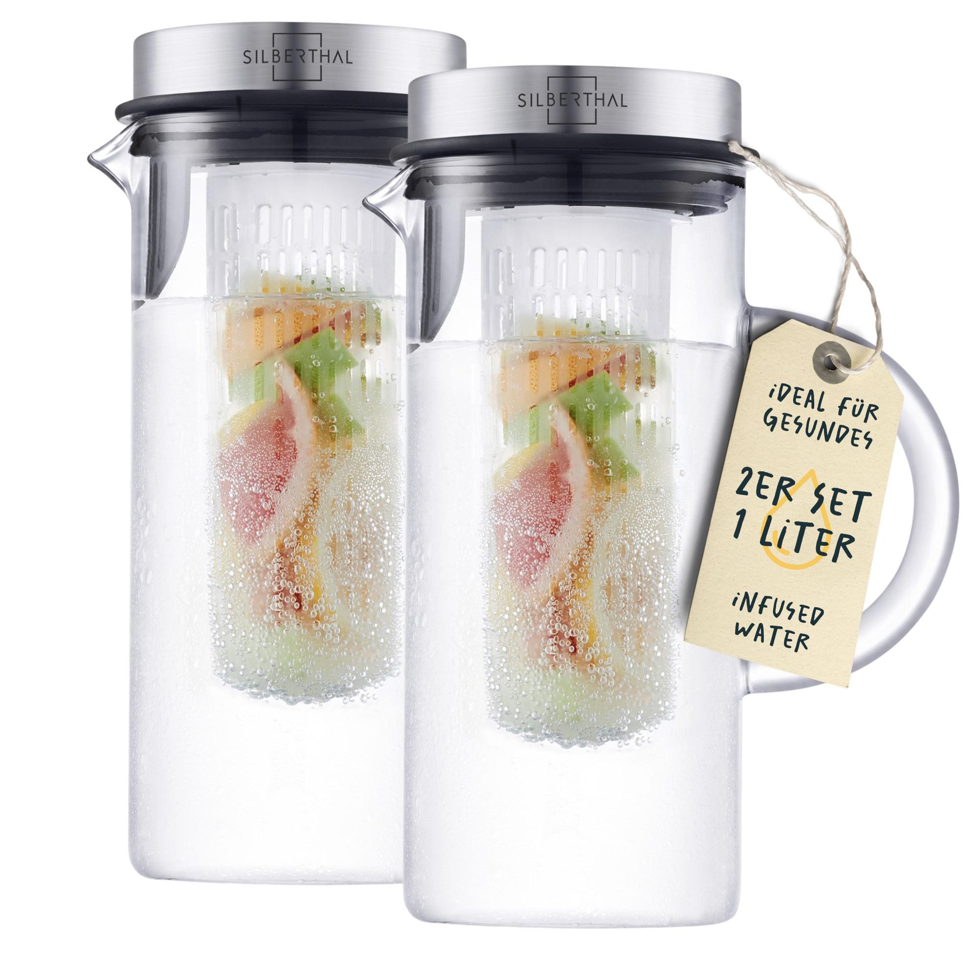 SILBERTHAL Wasserkaraffe 2er Set 1 Liter Glaskaraffe mit Fruchtsieb und Deckel, (2-tlg), für Kalt- & Heißgetränke