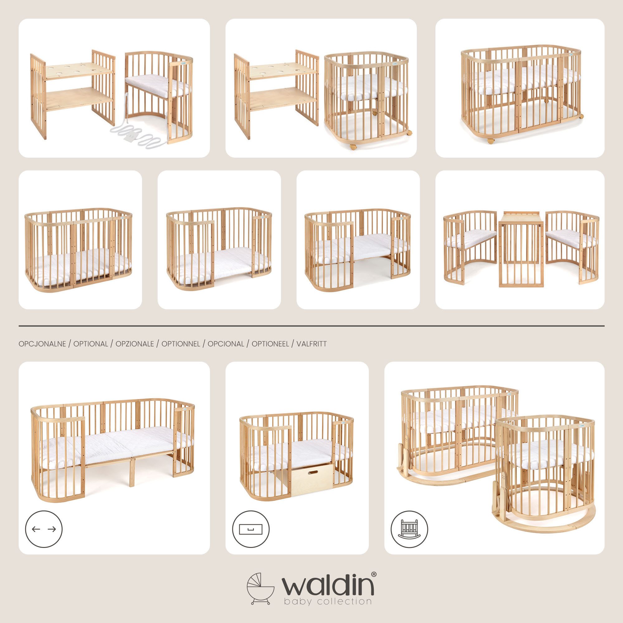 Waldin Babybett Mobiles Babybett aus Holz 7in1 mit Matratze, mitwachsend