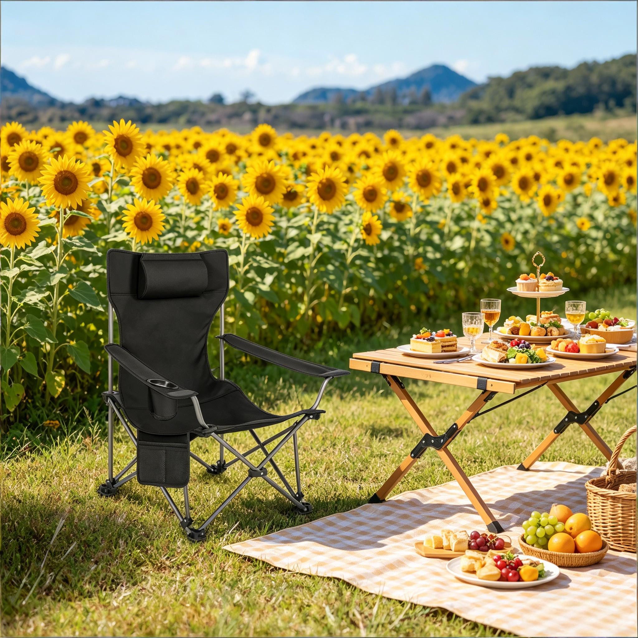 CHICFURN Campingstuhl Angelstuhl mit ausziehbarer Fußlehne und ergonomischem Sitz (Packung, 1 St), Tragbarer Freizeitstuhl für Wandern und Outdoor, Schwarz