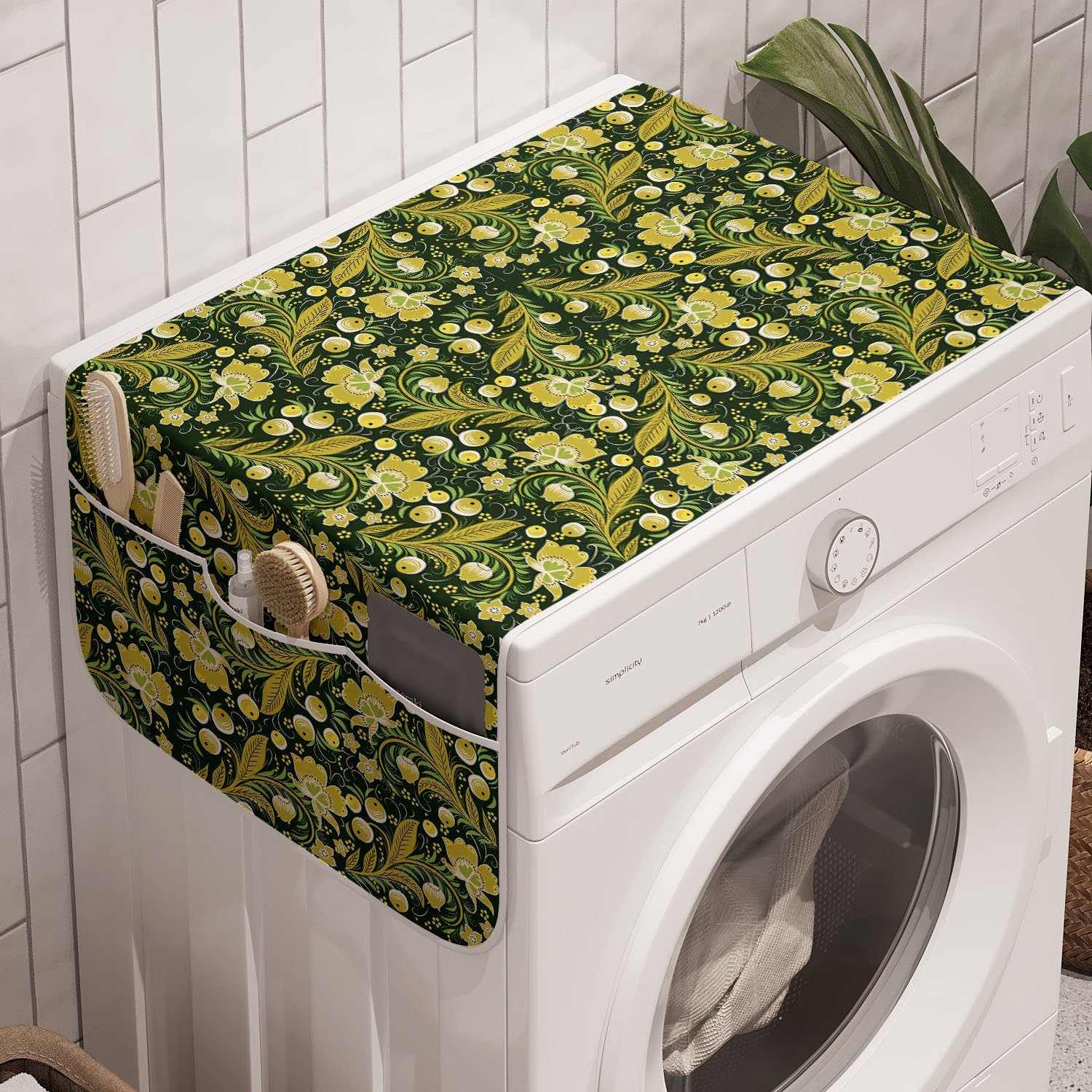 Abakuhaus Badorganizer Anti-Rutsch-Stoffabdeckung für Waschmaschine und Trockner, Botanisch Khokhloma Blumenmotive