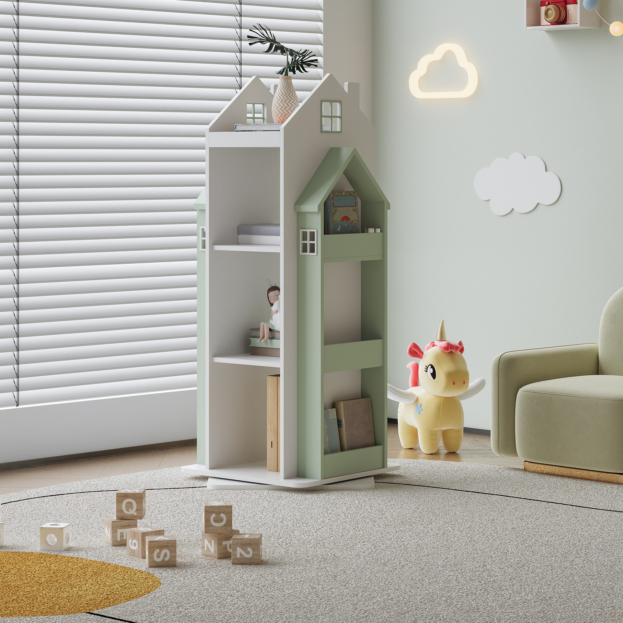 en.casa Kinderregal, drehbar »Vipsali« in Hausdesign 108x40x40 cm Mintgrün/Weiß