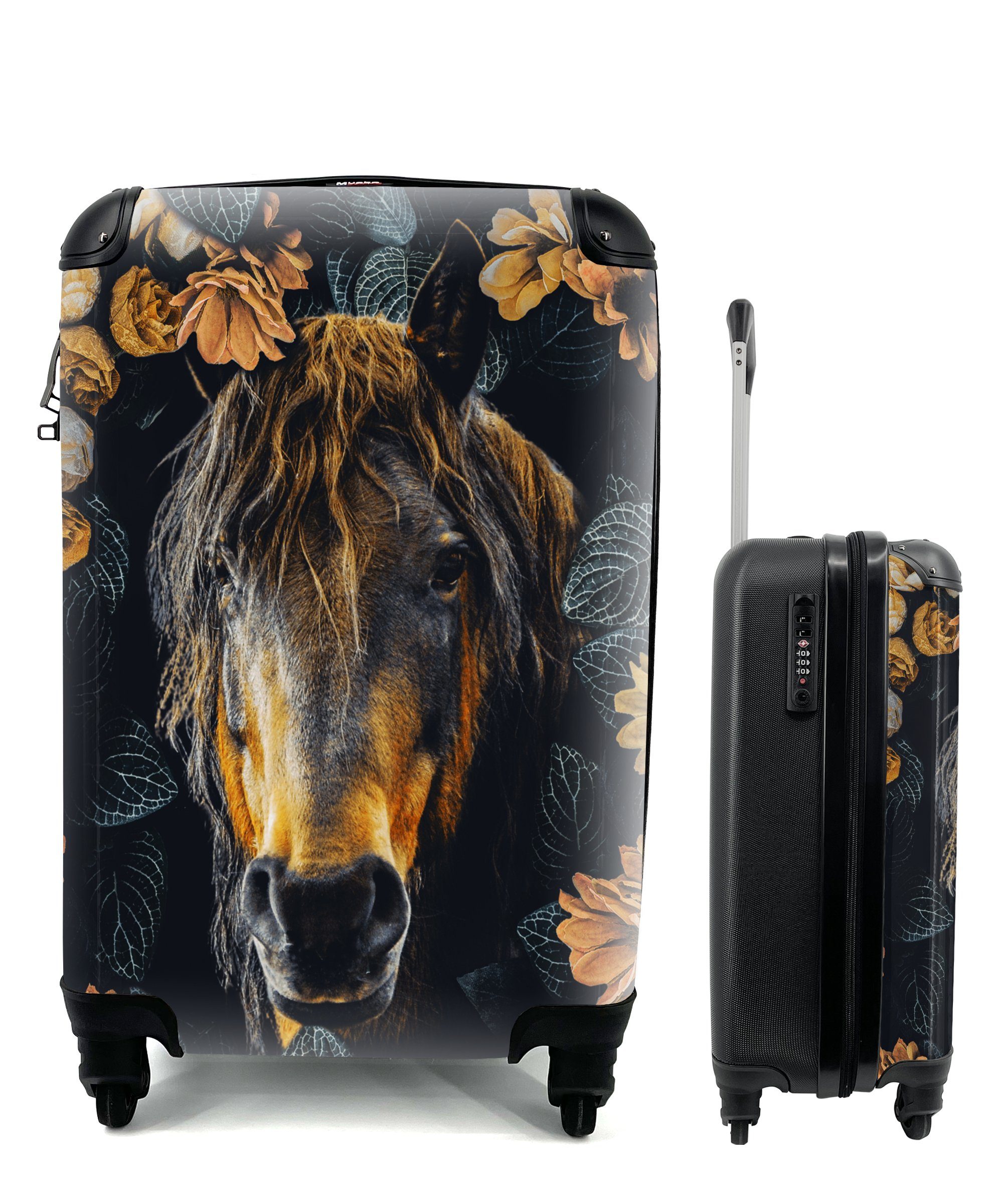 MuchoWow Handgepäckkoffer Pferd - 4 Blumen - Orange, Ferien, Rollen, Trolley, Handgepäck Reisekoffer Reisetasche rollen, mit für