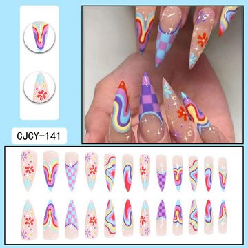 YRIIOMO Kunstfingernägel Tragbare künstliche Nägel, mehrfarbige gewellte, Blumen-Schachbrettnägel