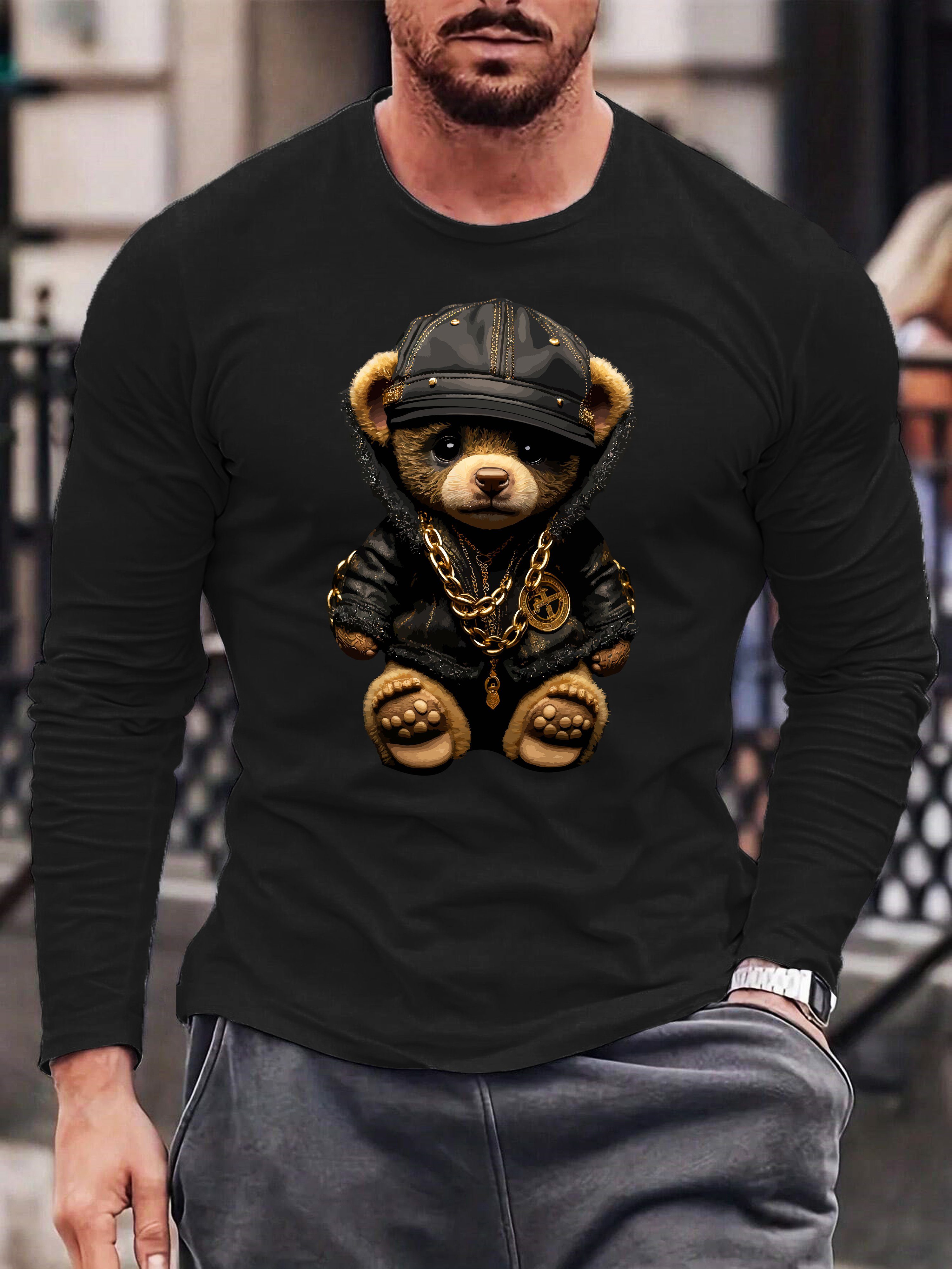 mit (Model Herren Print Baumwolle, Longsleeve lizenziertem 2, Rundhals Mitte) Bär Langarmshirt aus Basic Teddybär Groß, Schwarz RMK