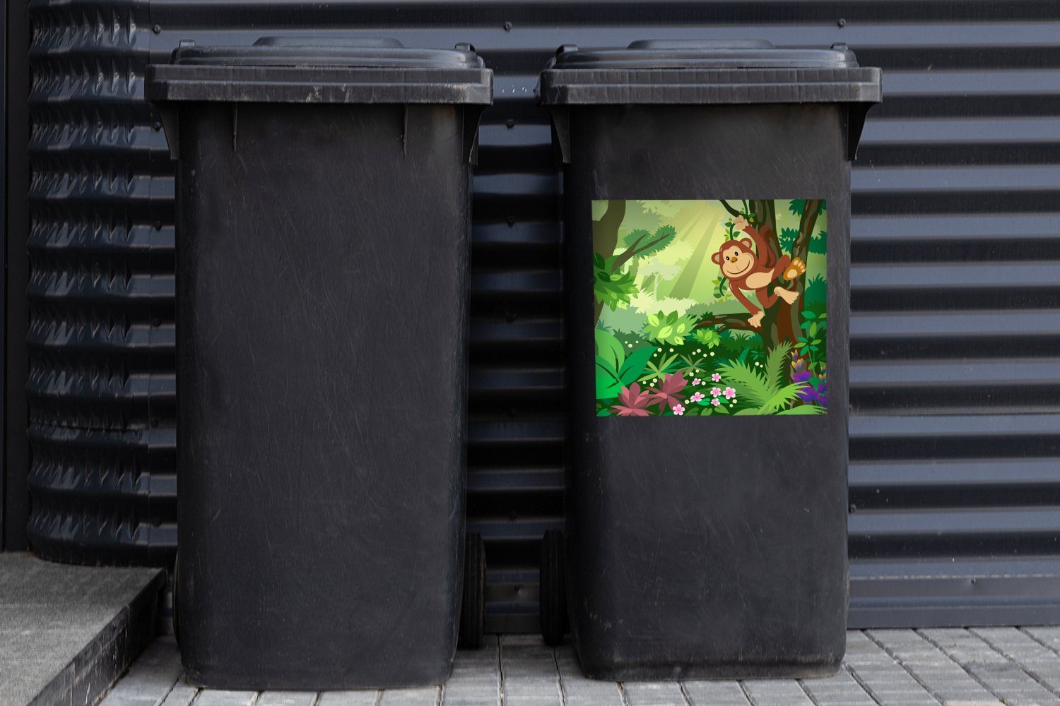 Mädchen - Affe Kinder MuchoWow - - - (1 Abfalbehälter Container, Dschungel - Wandsticker St), Mülltonne, Blumen Sticker, Jungen Mülleimer-aufkleber,