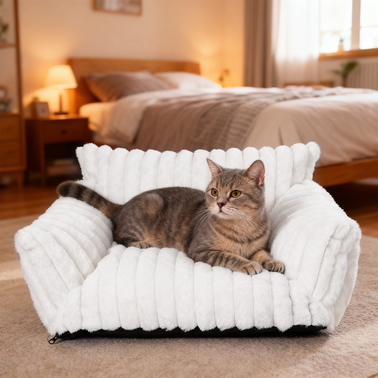 Elegear Tierbett weich Haustiersofa für Katzen & Hunde, 61/76 cm, Rutschfest, Weiß/Grau, Kaninchenfell & PP-Baumwolle, dauerhaft, Maschinenwaschbar