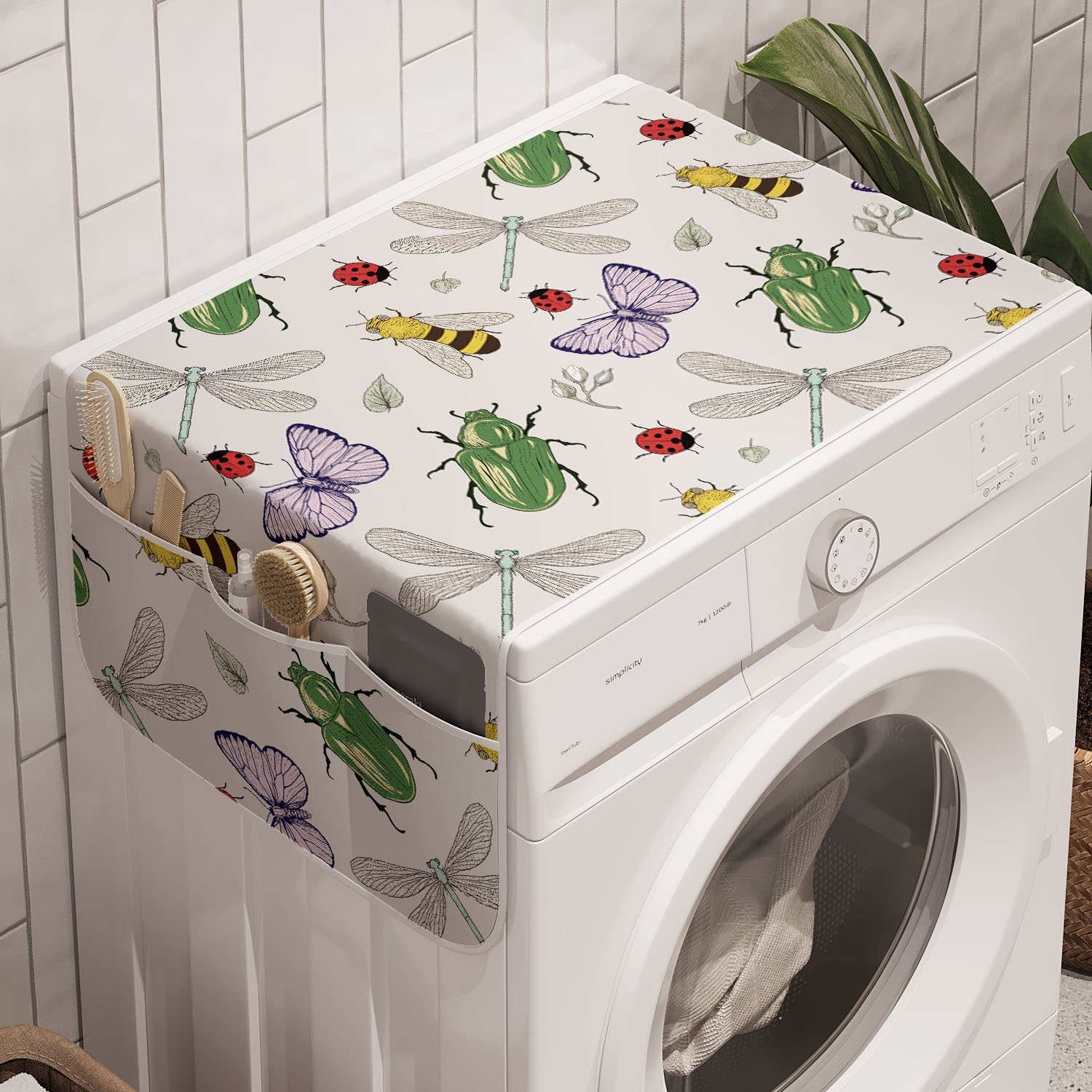 Abakuhaus Badorganizer Anti-Rutsch-Stoffabdeckung für Waschmaschine und Trockner, Tiere Verschiedene Insekten Muster