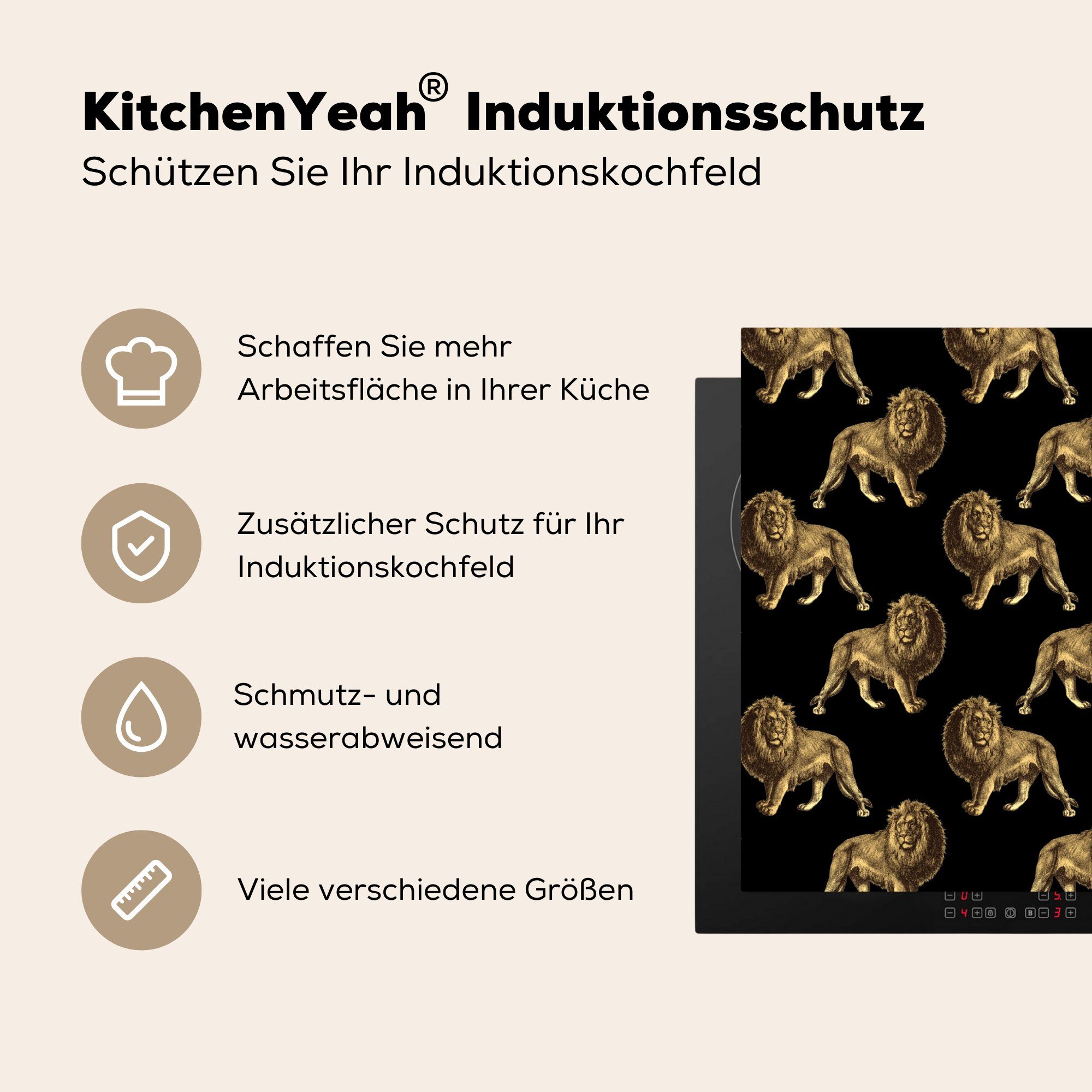 küche (1 Vinyl, Herdblende-/Abdeckplatte Gold - für Löwe Ceranfeldabdeckung, - tlg), 78x78 Schwarz, Muster cm, - MuchoWow Arbeitsplatte