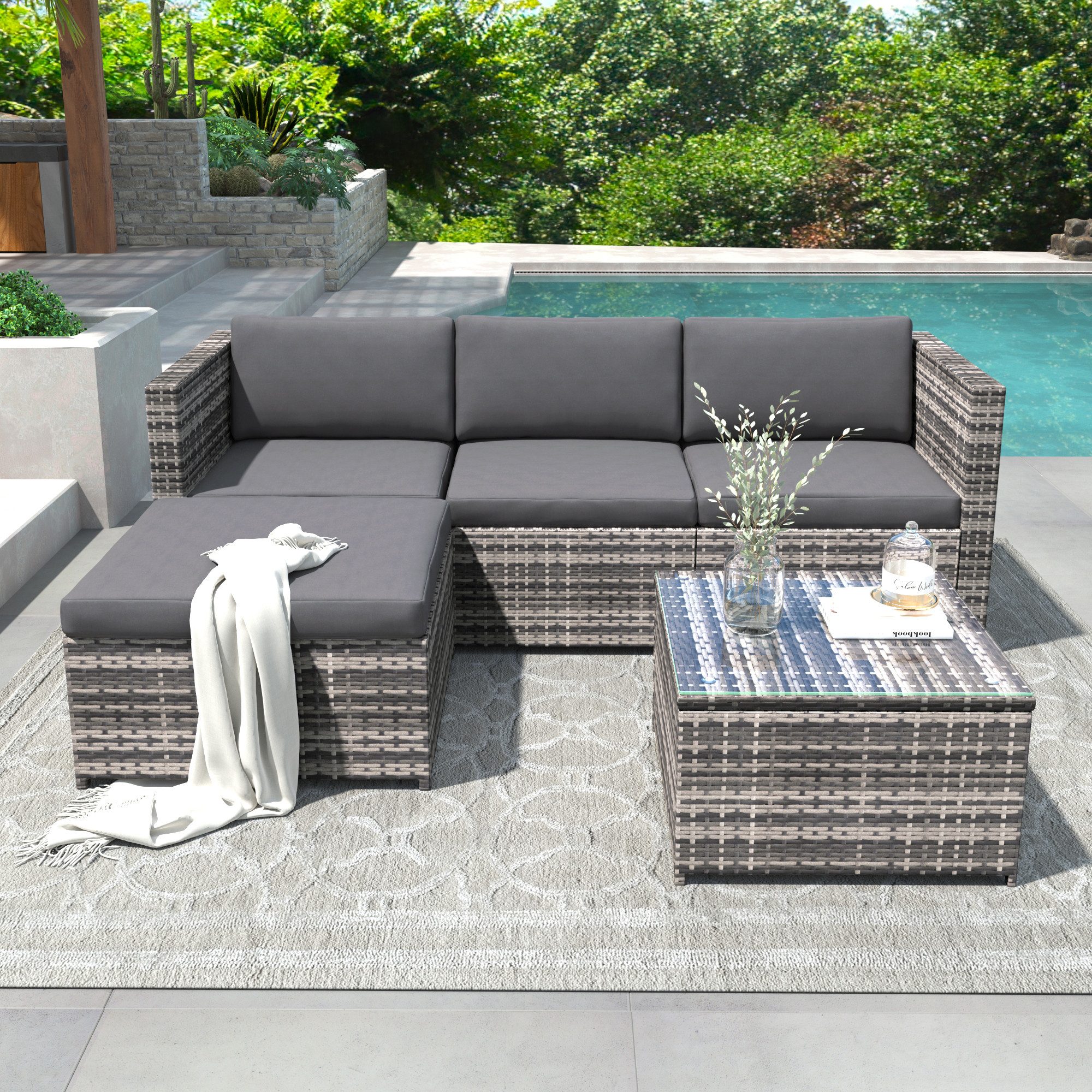 Flieks Gartenlounge-Set, Polyrattan Gartenmöbel Ecksofa mit kissen und Glas-Tischplatte
