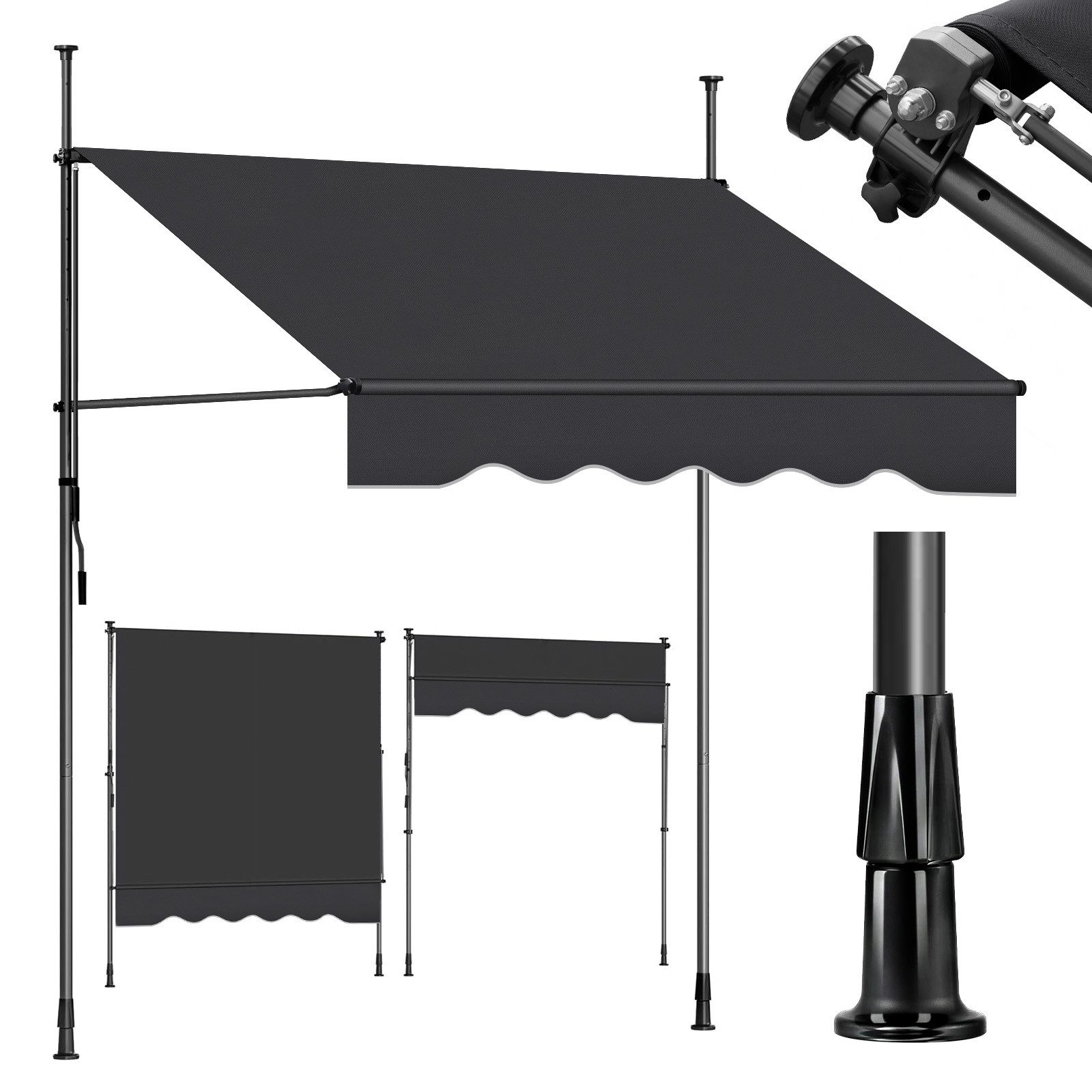 Sekey Klemmmarkise Markise für balkon mit Kurbel Sonnenschutz ohne Bohren UV-beständig B x H: 250 x 212-310 cm, Dunkelgrau