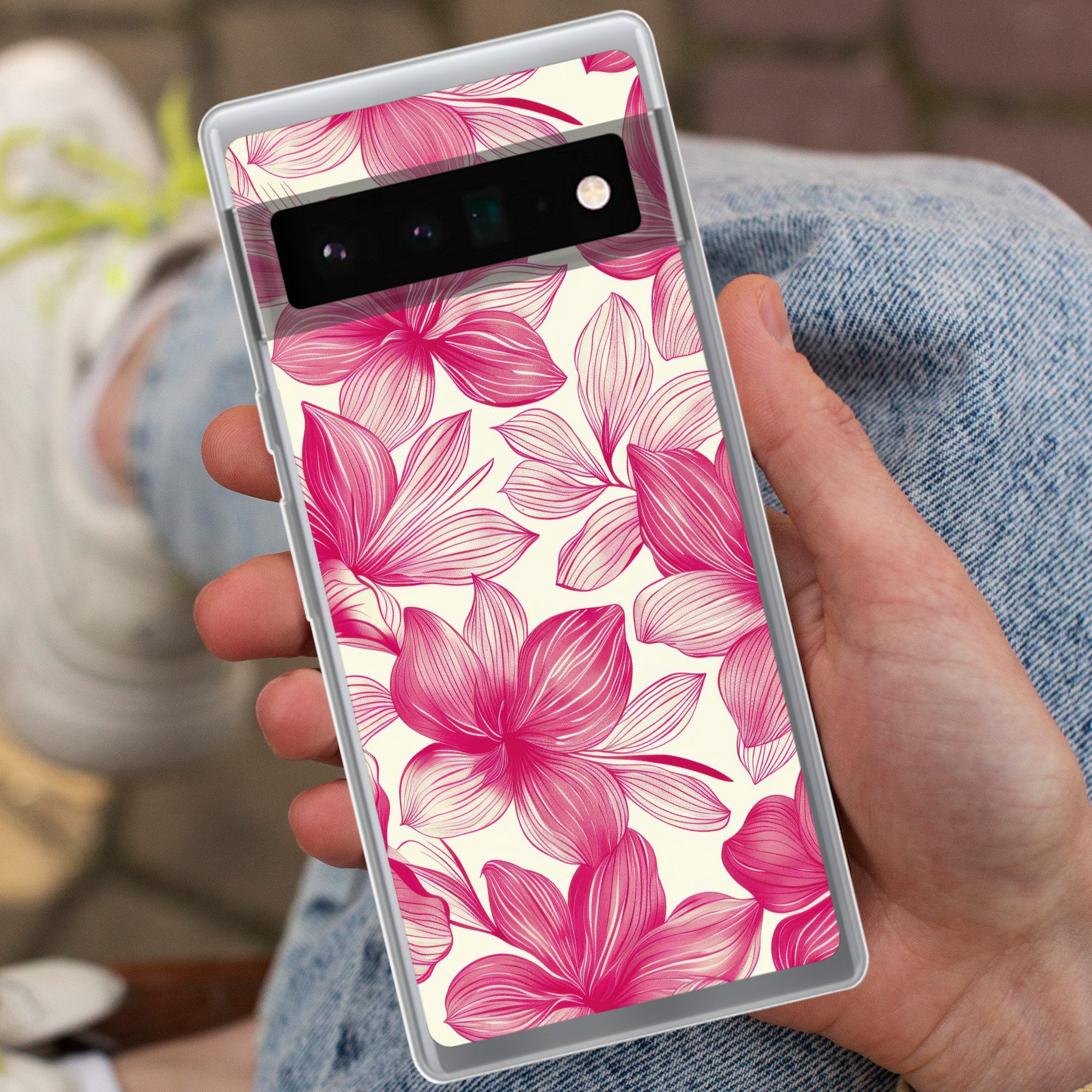 MuchoWow Handyhülle für Google Pixel 6 Pro Blumen - Muster - Rosa - Weiß, Handy Case, Silikon, Bumper Case Dünn