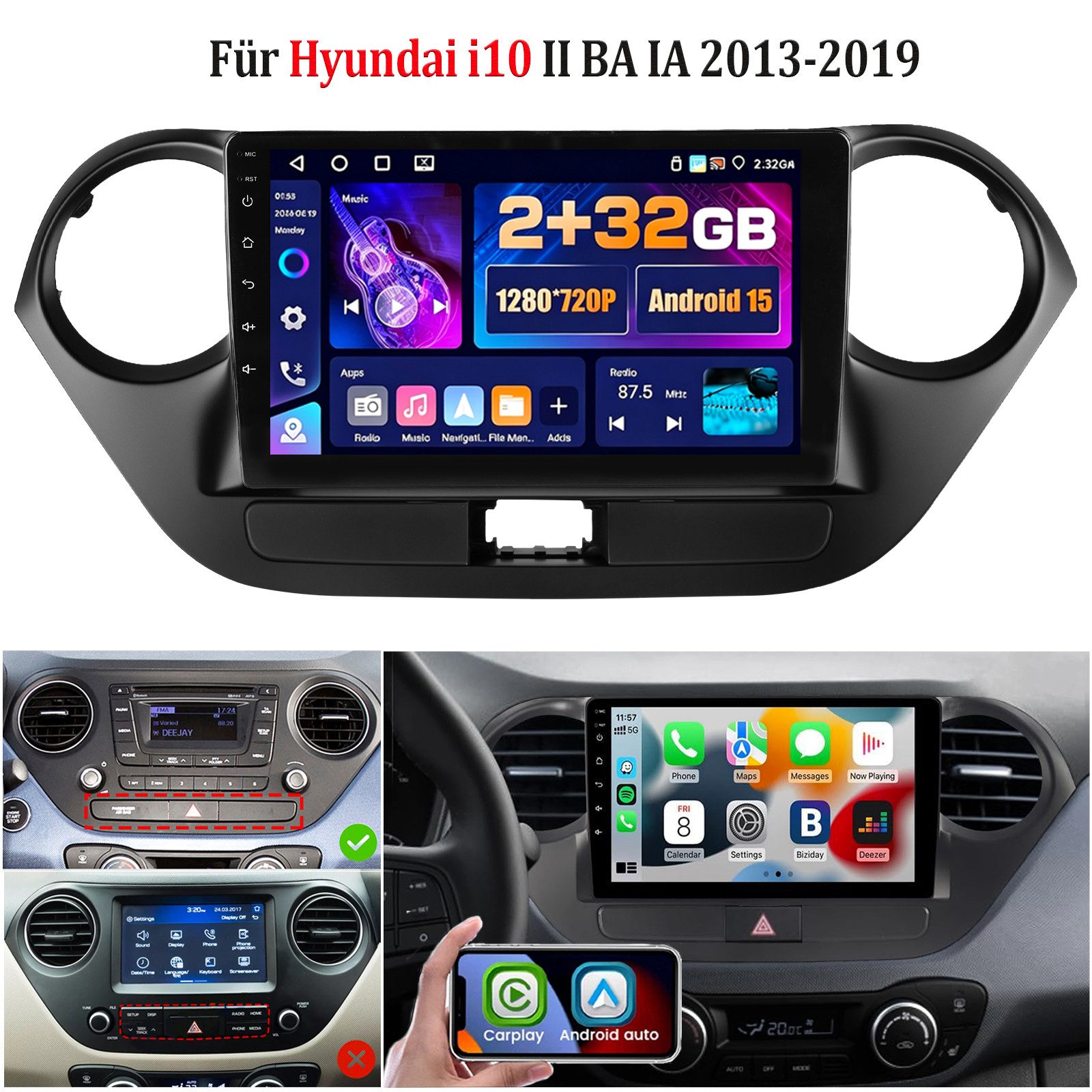 ESSGOO DAB+ 64GB Android 15 Für Hyundai i10 II IA/BA 2013-16 Carplay GPS Navi Autoradio (RDS, 4+64GB(optional), FM, AM, DAB+ (optional), SWC, Autoradio 2 DIN)