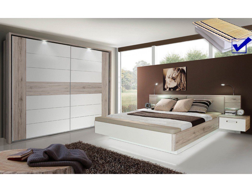 expendio Schlafzimmer-Set »Rubio 20B«, (Spar-Set, 6-St), Sandeiche / weiß  Hochglanz 180x200 cm mit Matratzen und Lattenroste sowie LED-Beleuchtung