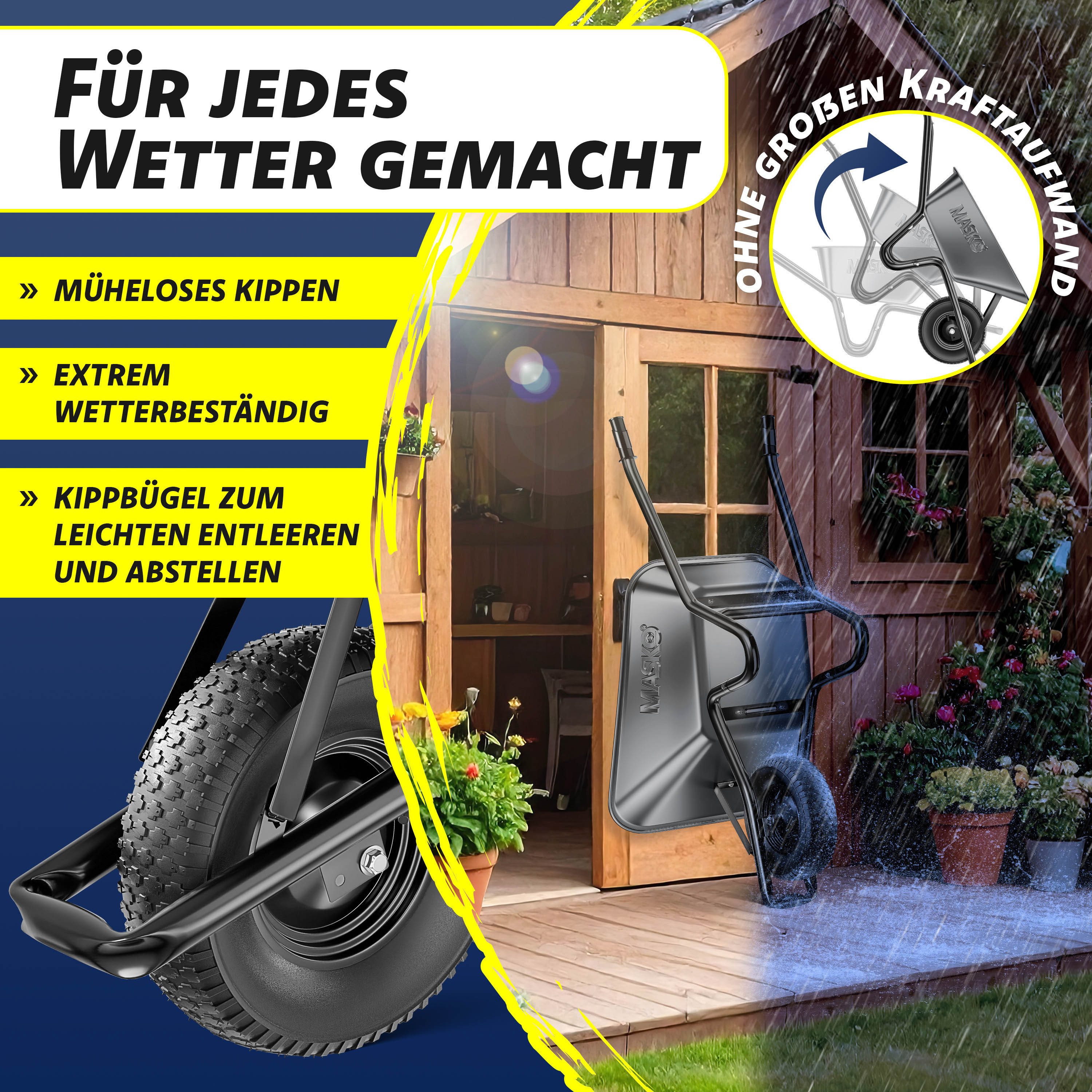 MASKO Schubkarre Bau- und Gartenschubkarre 100 Liter, mit Luftreifen und Stahlfelgen sowie einen Ersatzschlauch – Bild 5 von 5