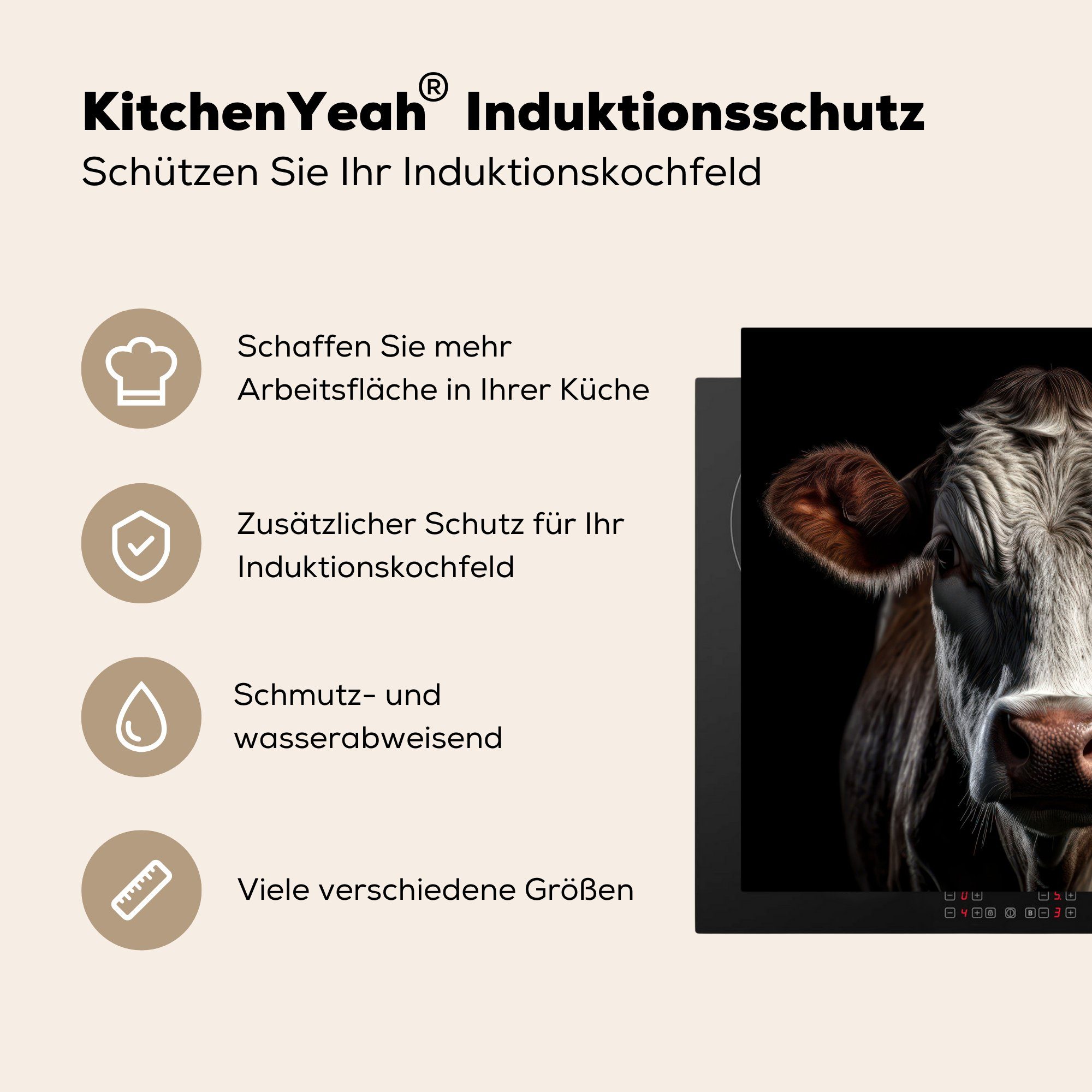 MuchoWow Herdblende-/Abdeckplatte cm, 60x52 - Kühe Mobile Schwarz, - Vinyl, tlg), Porträt Arbeitsfläche - Tiere (1 nutzbar, Ceranfeldabdeckung