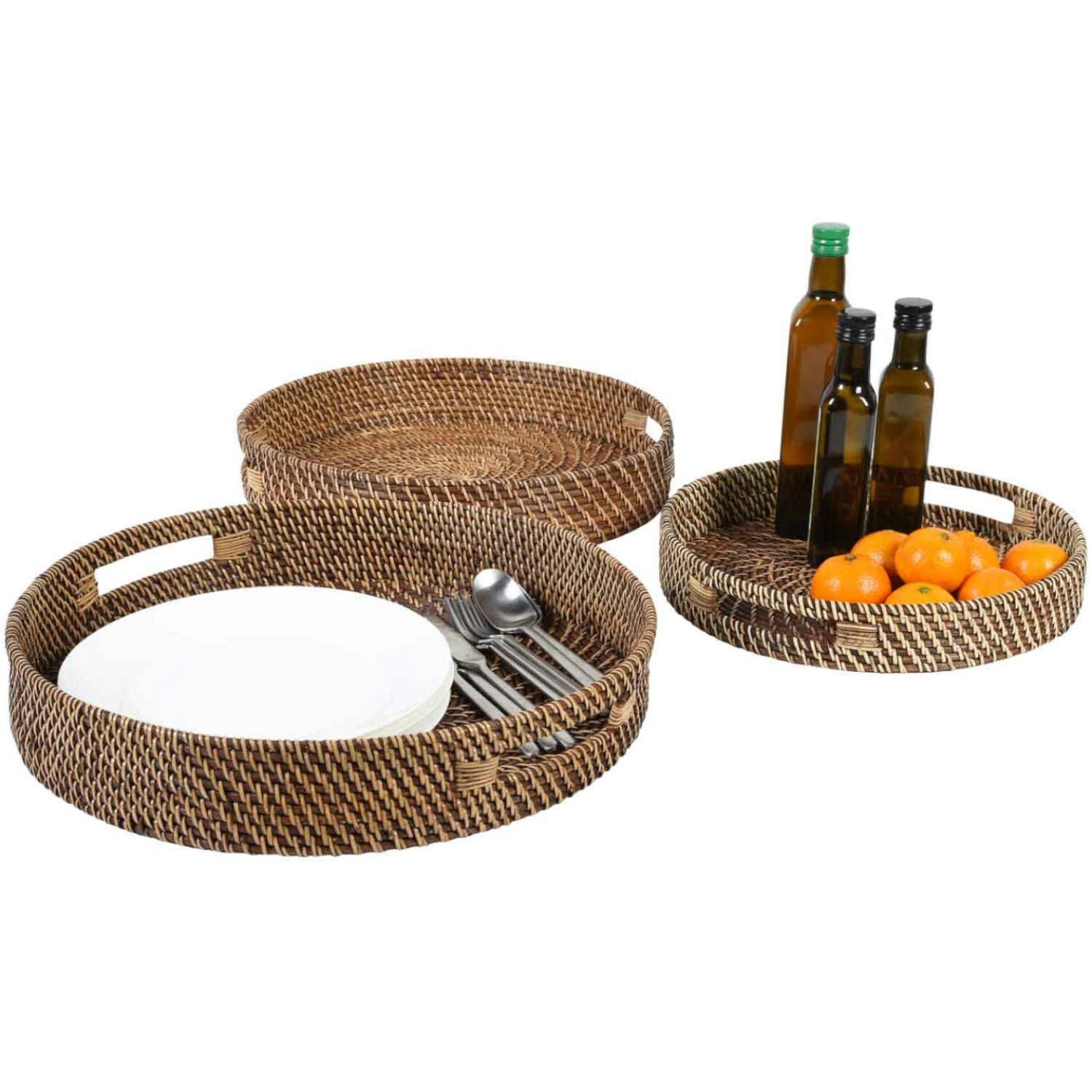 Casa Moro Dekotablett Rattan Serviertablett BEA rund mit Griffen (Servierplatte rustikal geflochten, Boho Chic Servierteller Deko-Tablett), dekoratives Tablett für Getränke, Frühstück, Tee, Service