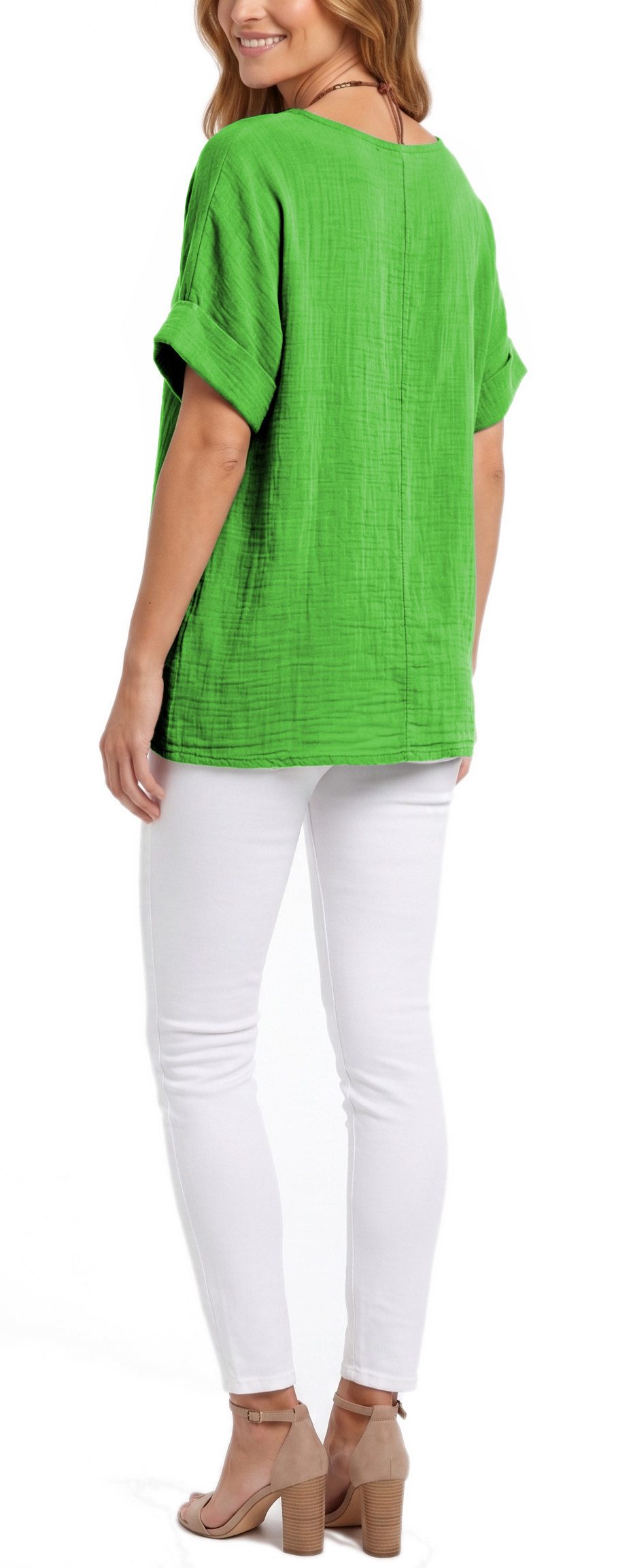 dy_mode Kurzarmbluse Damen Kurzarm Bluse Leichte Sommer Tunika Baumwollbluse Oberteil in Unifarbe, mit passende Kette