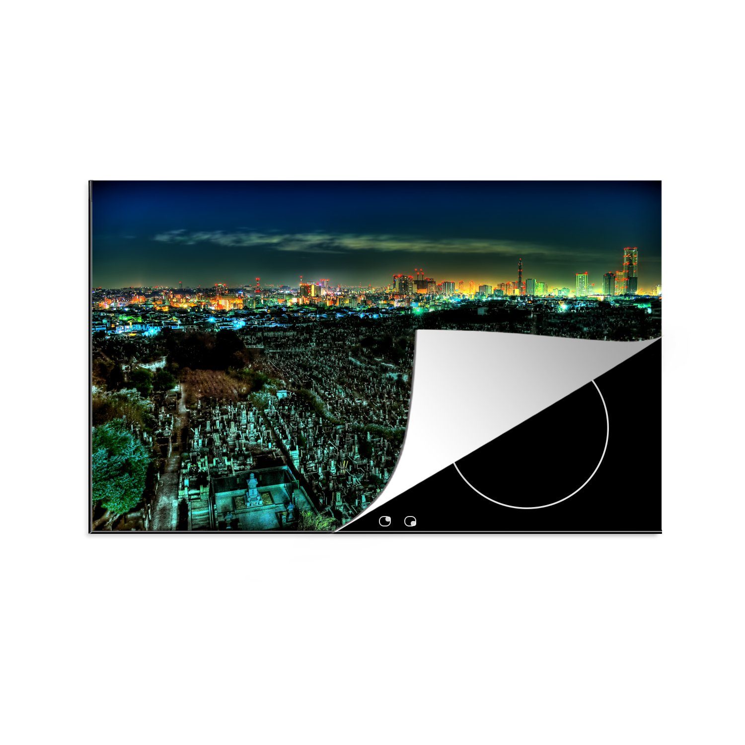 MuchoWow Herdblende-/Abdeckplatte Grüne Beleuchtung in den Straßen von Kairo bei Nacht in Ägypten, Vinyl, (1 tlg), 81x52 cm, Induktionskochfeld Schutz für die küche, Ceranfeldabdeckung