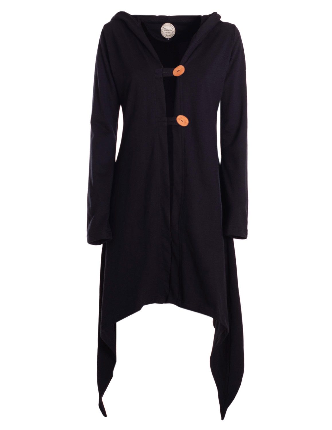 Vishes Langjacke Zipfeljacke Asymmetrischer Boho Cardigan mit Kapuze und Holzknöpfen Alternative Bekleidung, Ethno, Hippie, Retro Style