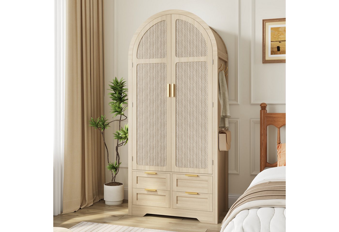 Flieks Kleiderschrank Garderobenschrank 80x50x179cm mit Kleiderstange Schubladen Rattantüren