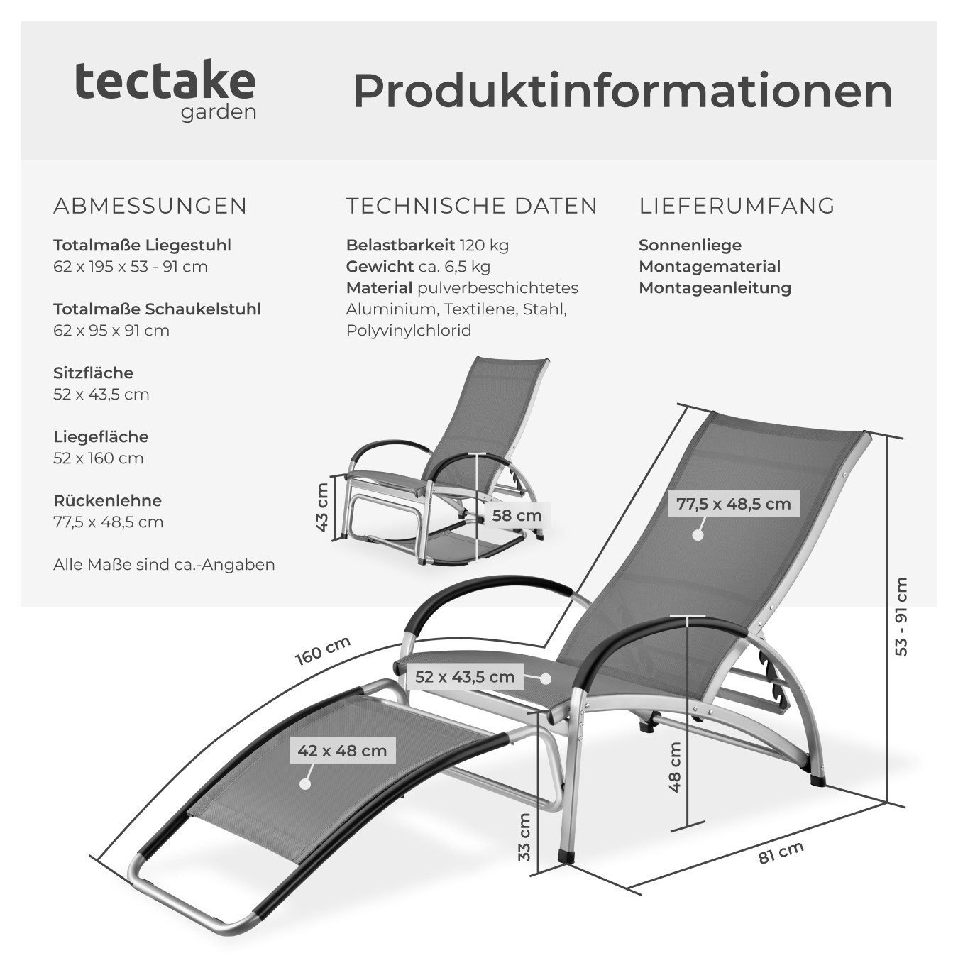 tectake Gartenliege Sonnenliege, 1 St., Komfortable Gartenliege, auf Wunsch auch als Schaukelstuhl nutzbar