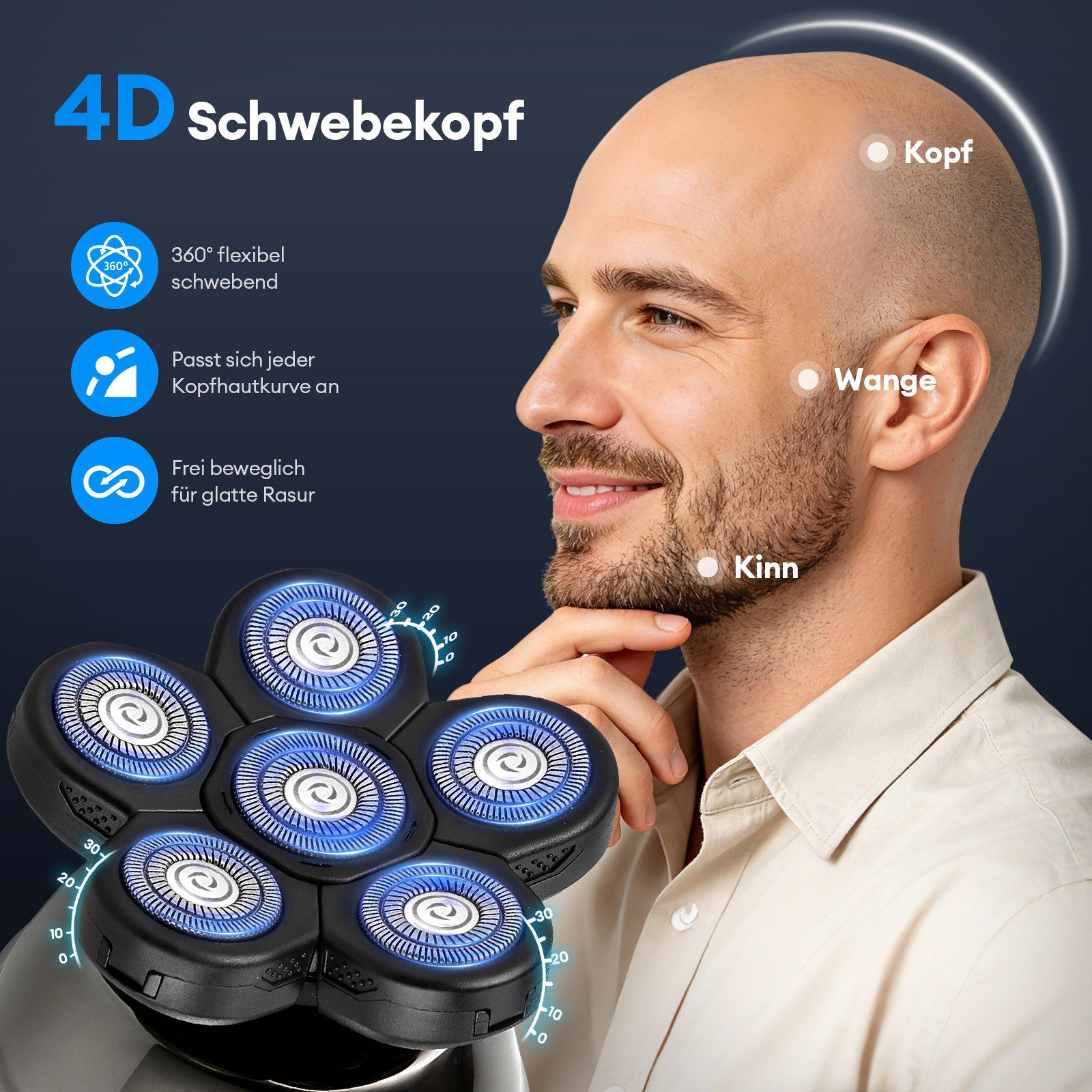CkeyiN Elektrorasierer Glatzenrasierer Herren 5-IN-1 Multifunktions Rasierer 4D-Rotationskopf, Aufsätze: 9, für Nass- und Trockenrasur LED-Display Bartschneider Nasenhaartrimmer