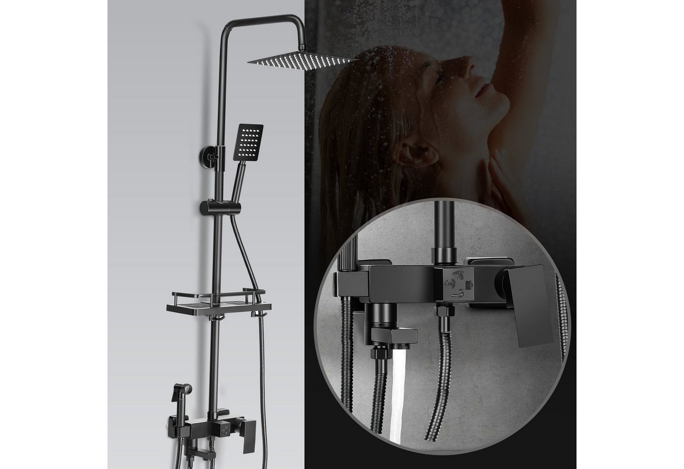 Thumbnail - LETGOSPT Brausegarnitur Home Duschsystem Edelstahl Duschsäule, Regendusche Vier Auslauf Set, 3 Strahlart(en), Verstellba...
