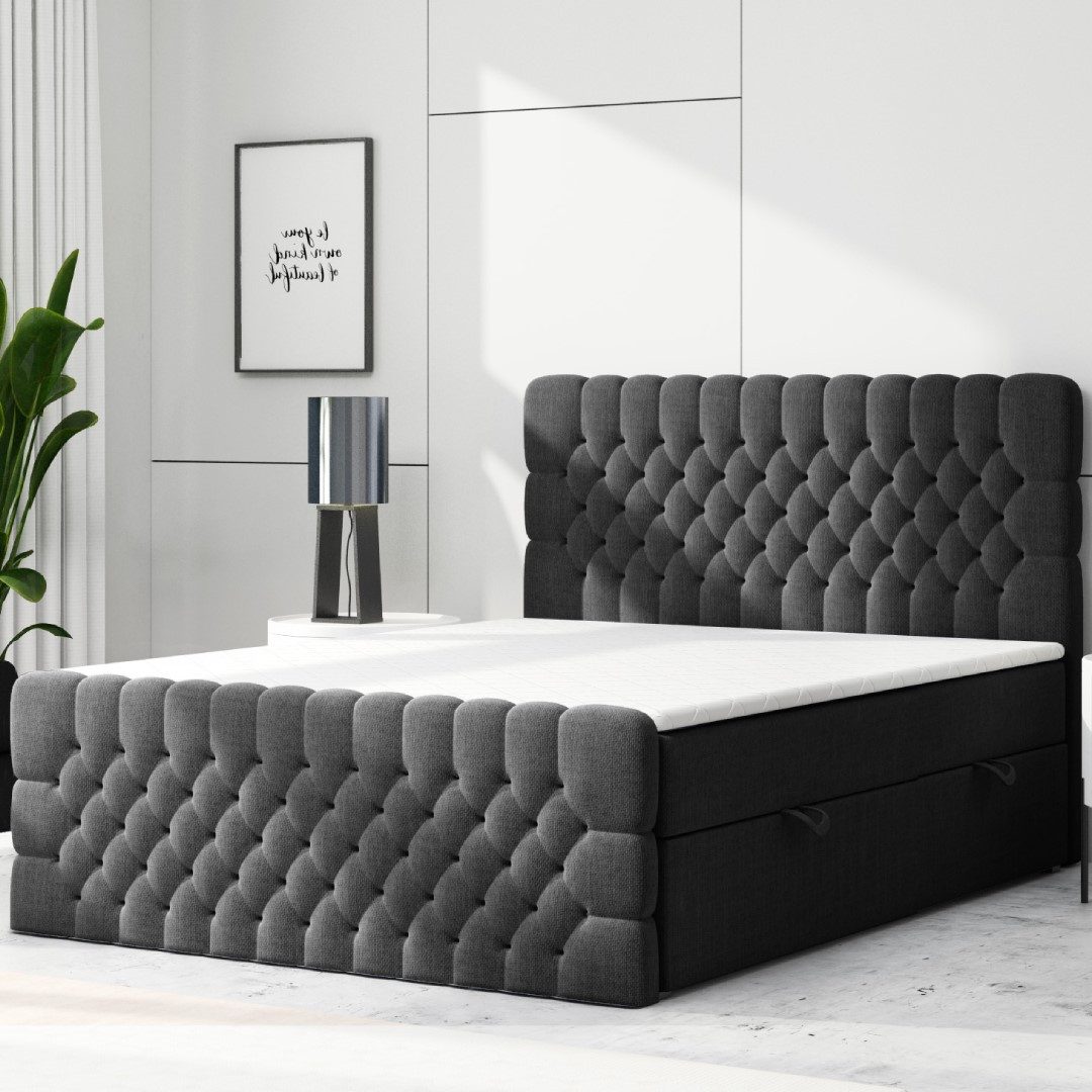 M-Punkt24 Boxspringbett Oxford (180 x 200 cm, Schwarz), Chesterfield, Federkern-Matratze, inkl. Topper, inkl. Fußteil