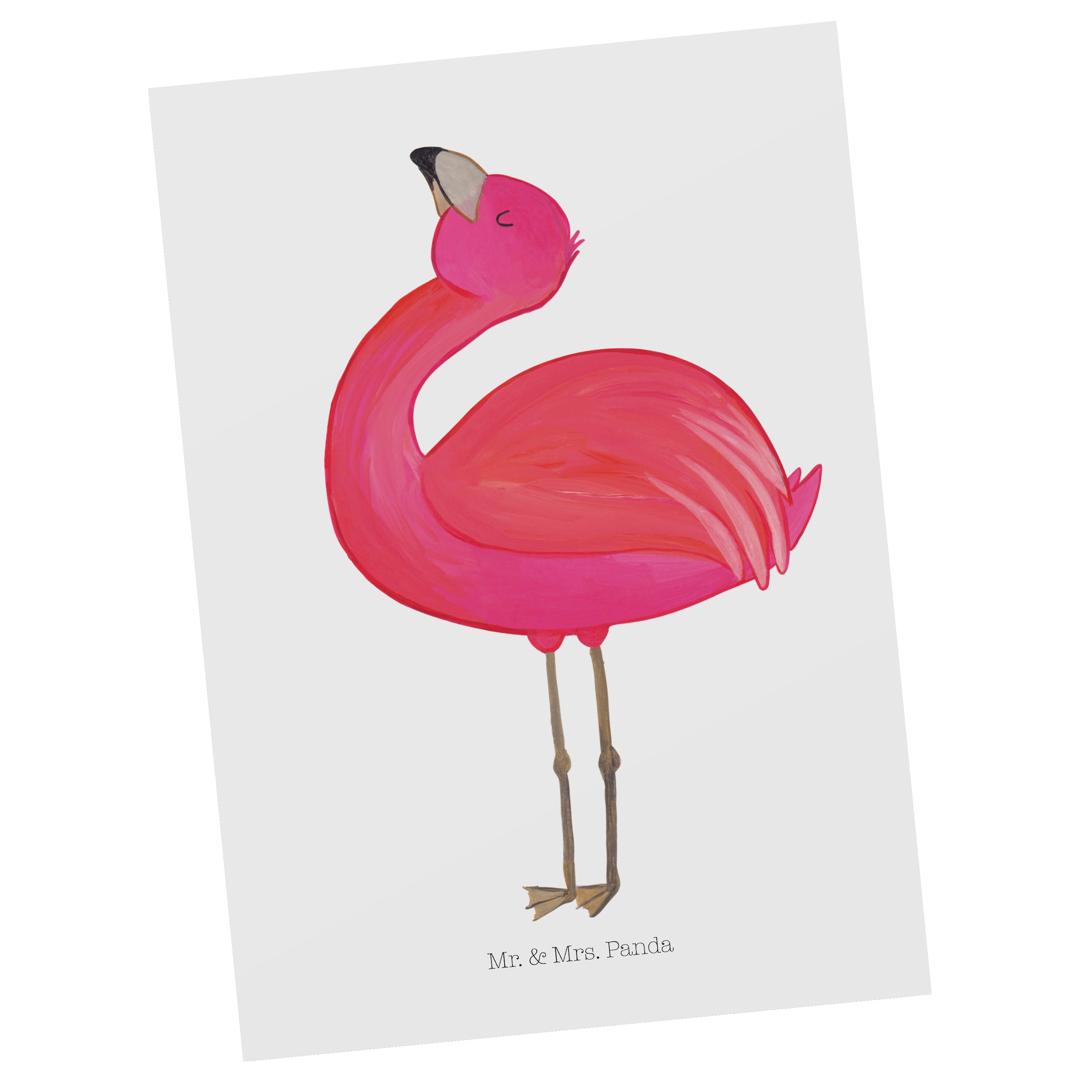 Mr. & Mrs. Panda Postkarte Flamingo stolz - Weiß - Geschenk, Ansichtskarte, Geburtstagskarte, Se