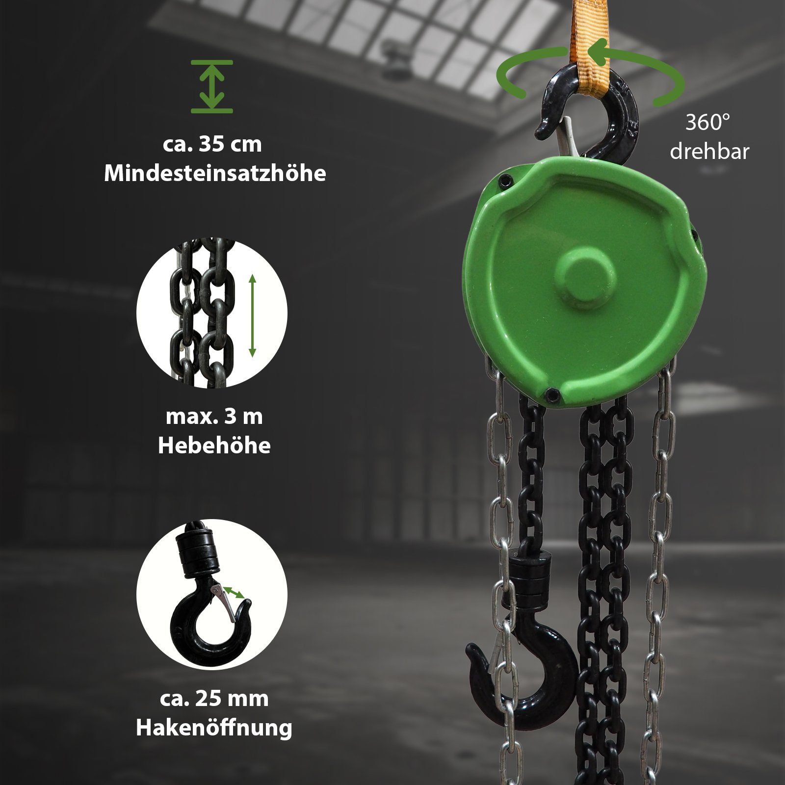 TRUTZHOLM Kettenzug triangel 1t Tragkraft - 3m Hubhöhe - Doppelbremse Flaschenzug Hebezug, (Produkt, 1 St), Blockiersystem