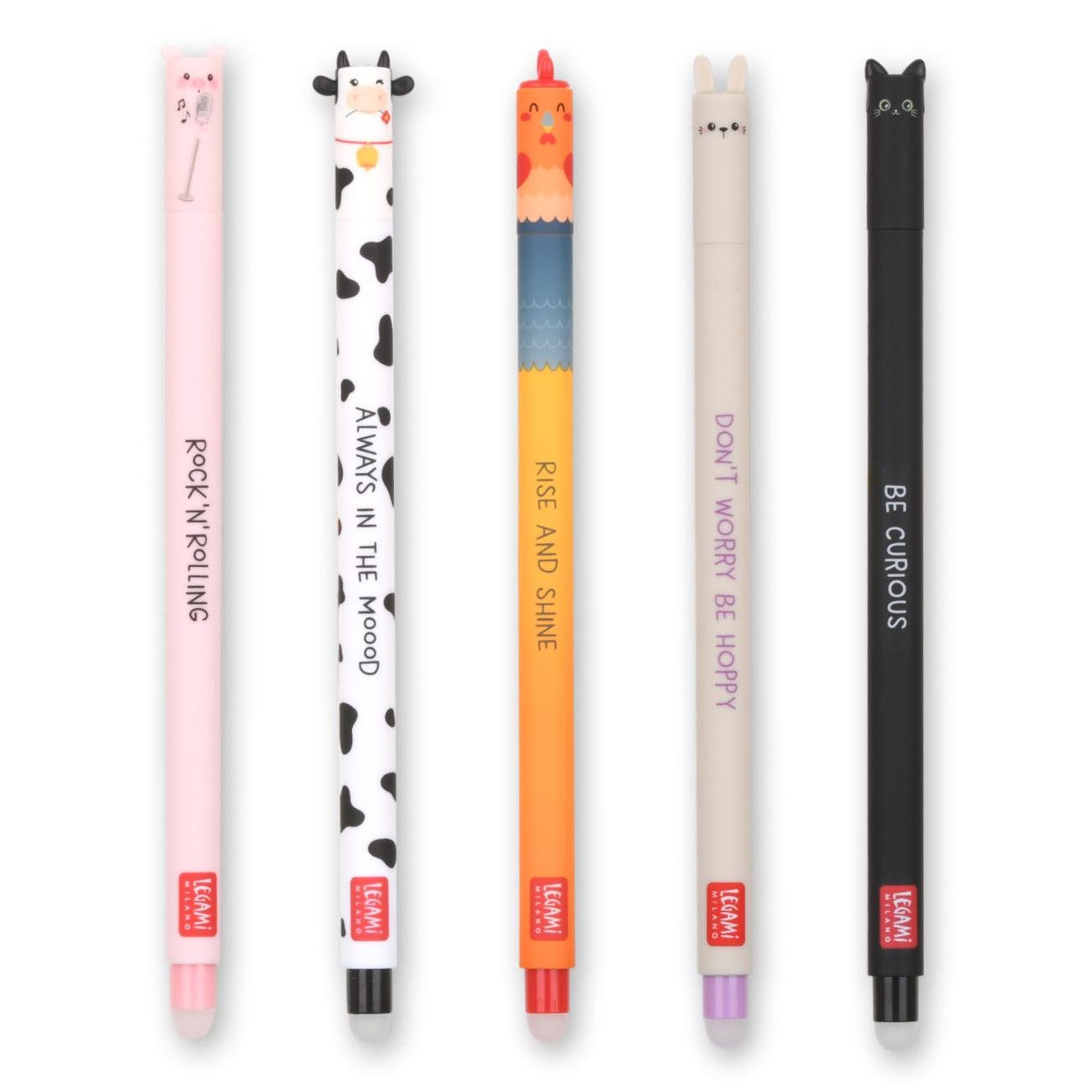 Legami Gelschreiber im tierischen 5er Set mit Schwein, Kuh, Hahn, Hase & Katze