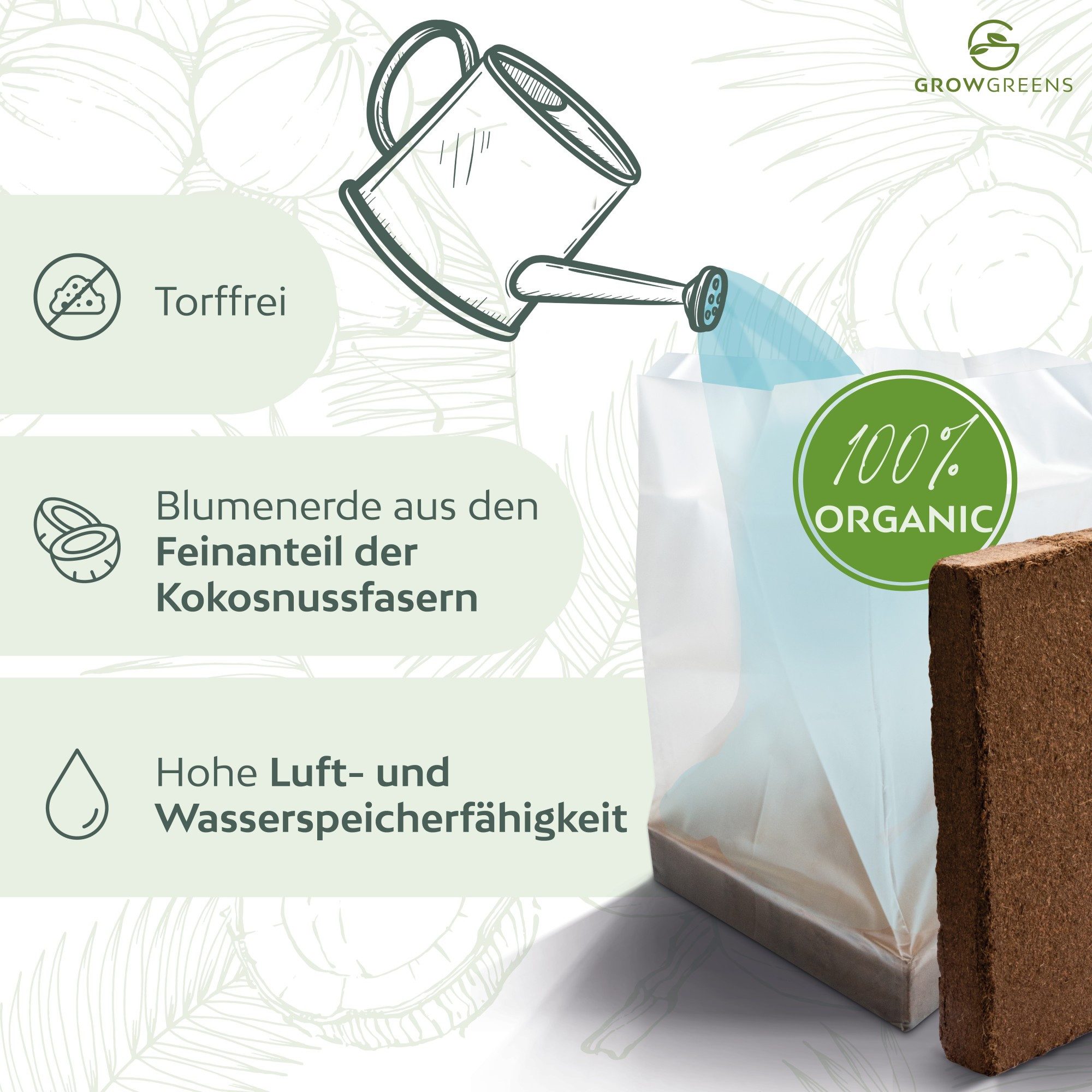 Growgreens Pflanzerde Bio Kokoserde gepresst im Quellbeutel - Biolog. torffreie Anzuchterde, im Beutel – Bild 3 von 5