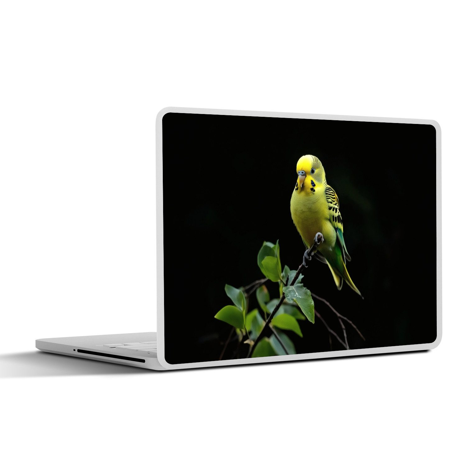 MuchoWow Laptop-Aufkleber Sittich - Zweig - Blätter - Gelb, (1tlg), Aufkleber Geeignet für Laptops, Schutz vor Kratzern, Sticker, 30x22 cm