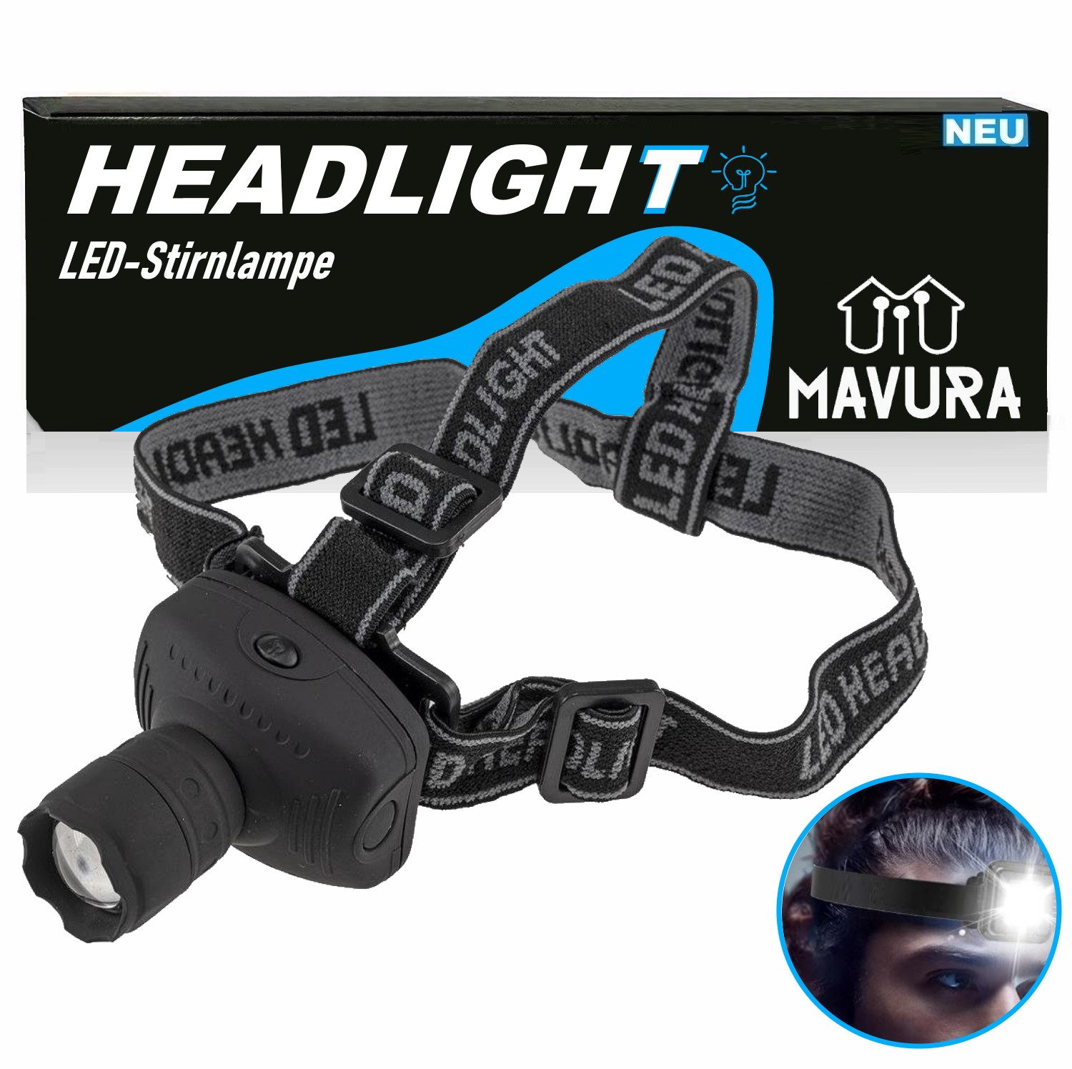MAVURA Kopflampe HEADLIGHT LED Stirnlampe Kopfleuchte Kopf Lampe (Zoomfunktion & Blinkfunktion), Leuchte Kopflampen Stirnlampen Stirn Lampe Wasserdicht Batterie