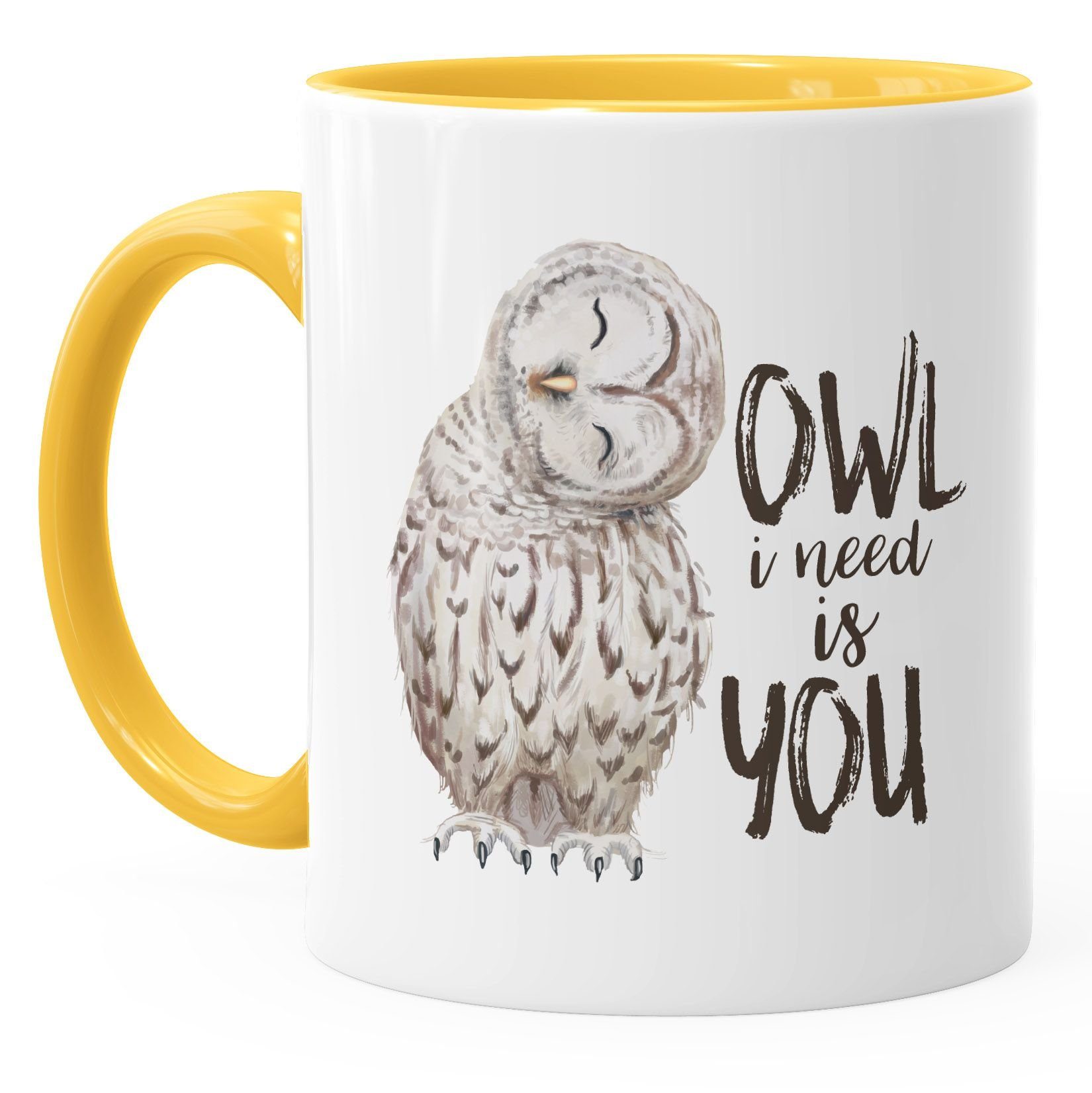 MoonWorks®, Tasse Eule Keramik Partnerschaft is Owl gelb Geschenk MoonWorks Weihnachten Liebe Valentinstag Ehe need I you Kaffee-Tasse Spruch