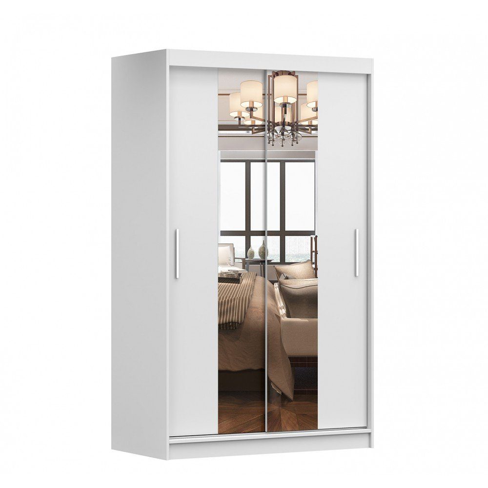 MOEBLO Kleiderschrank NOAH 01 (Schrank Garderobe Zweitürenschrank Spiegeltür, Moderner und funktionaler Schiebe­türen­Schrank Kleiderschrank), (BxHxT): 120x200x61 cm Weiß